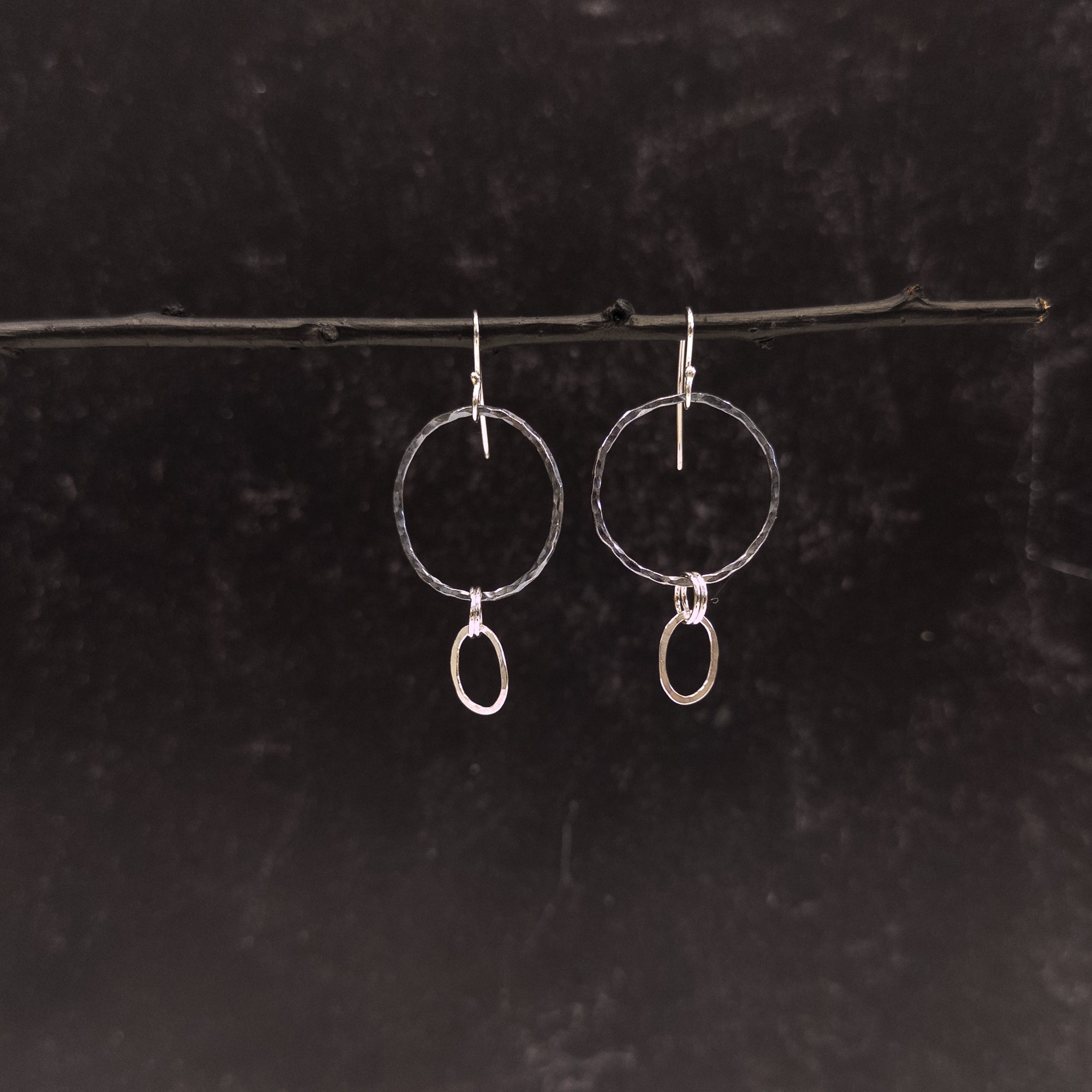 Simple Dark Silver Circles with tiny ovals Earrings - Sterling Silver - Ready to ship