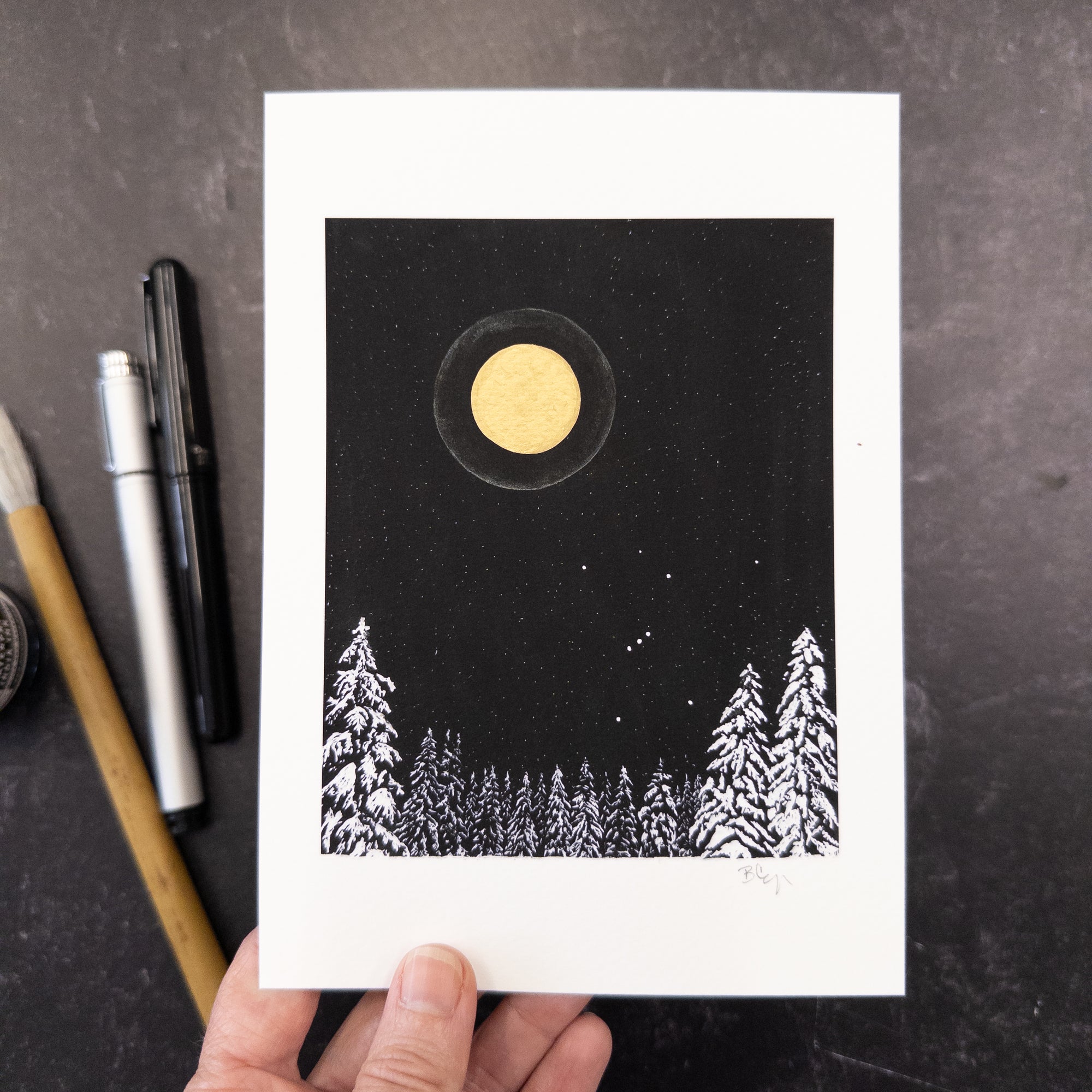 Print Sale - 5"x7" Winter Orion with Silver Moon Halo and Snowy Trees - hand embellished print - Ready to Ship