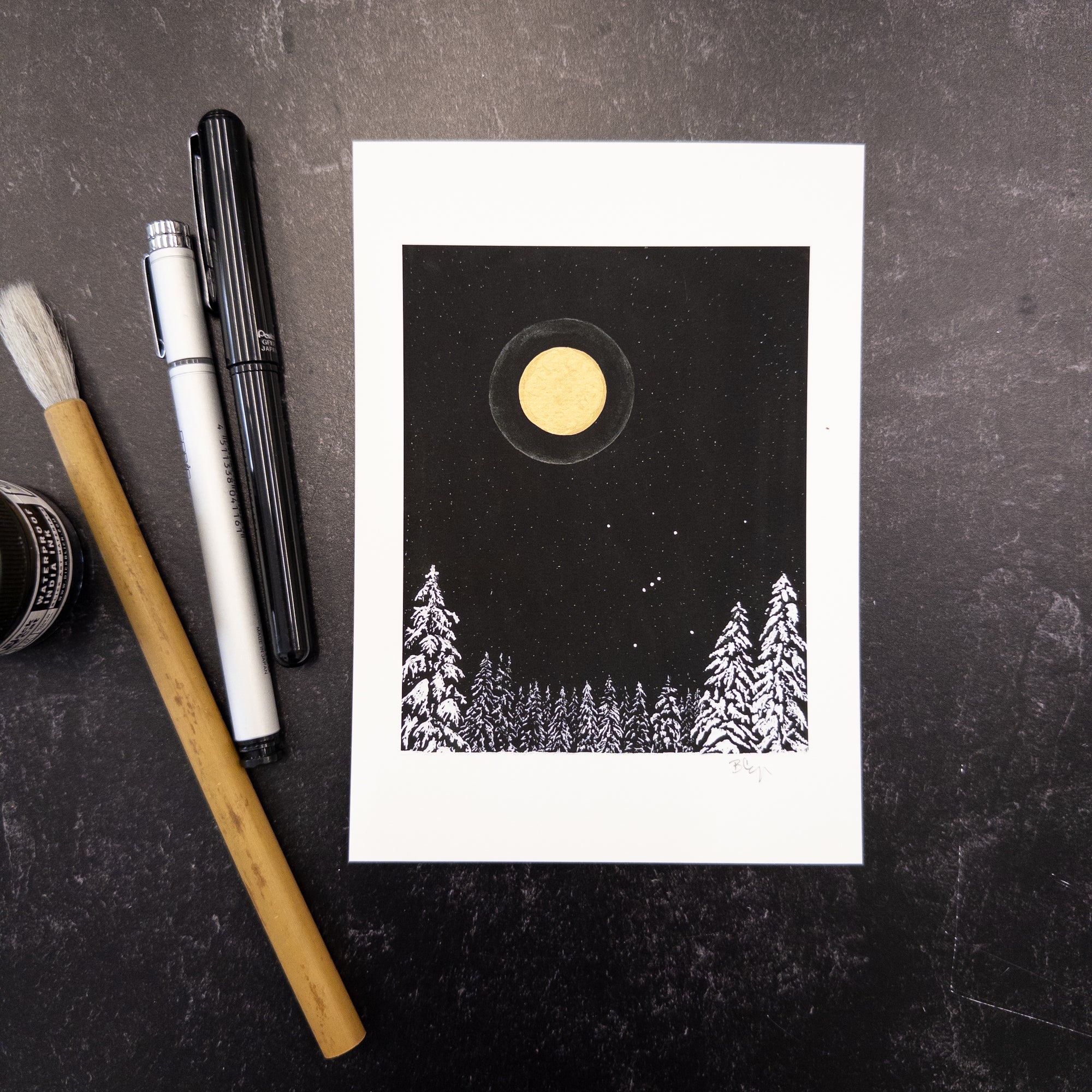 Print Sale - 5"x7" Winter Orion with Silver Moon Halo and Snowy Trees - hand embellished print - Ready to Ship