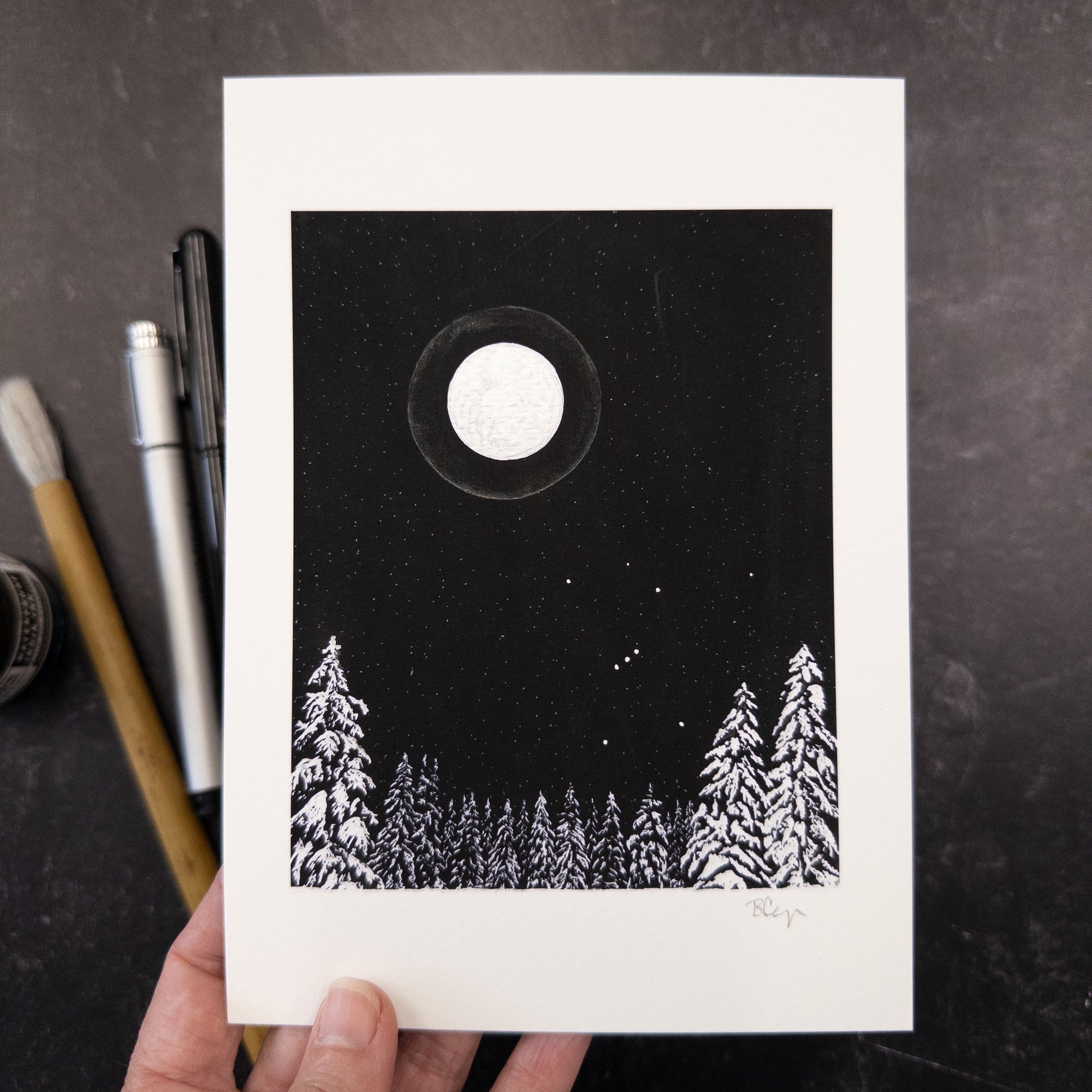 Print Sale - 5"x7" Winter Orion with Silver Moon Halo and Snowy Trees - hand embellished print - Ready to Ship