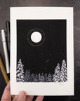 Print Sale - 5"x7" Winter Orion with Silver Moon Halo and Snowy Trees - hand embellished print - Ready to Ship