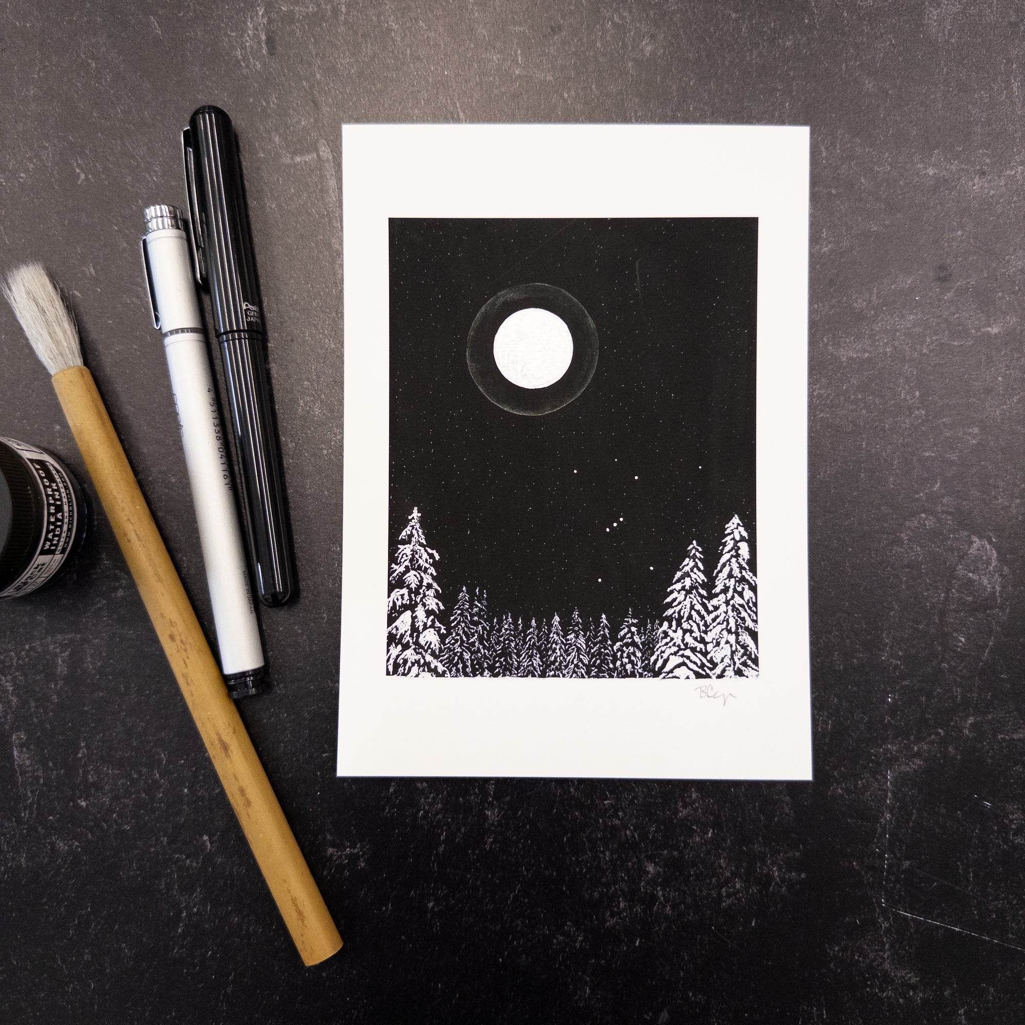 Print Sale - 5"x7" Winter Orion with Silver Moon Halo and Snowy Trees - hand embellished print - Ready to Ship