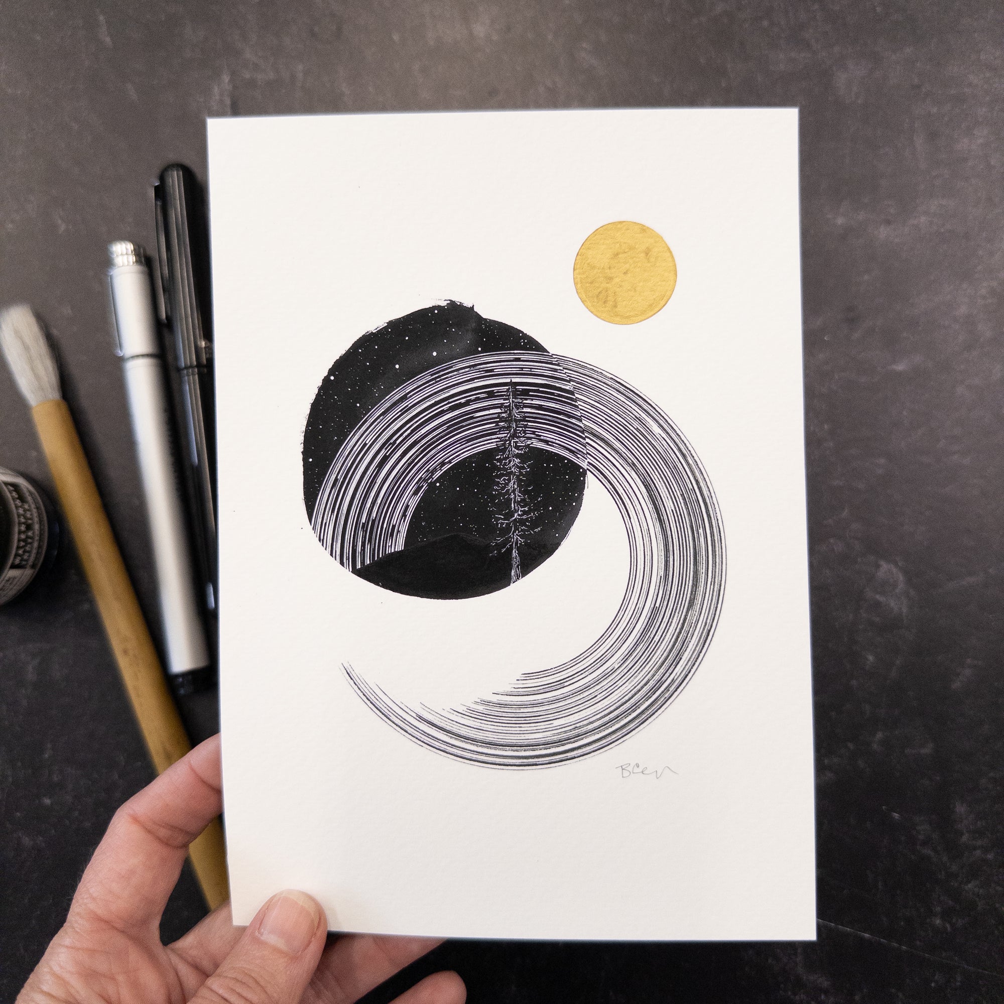 Print Sale - 5" x 7" Space and Time Series - Drawing 2 - Hand Embellished Print - Ready to Ship