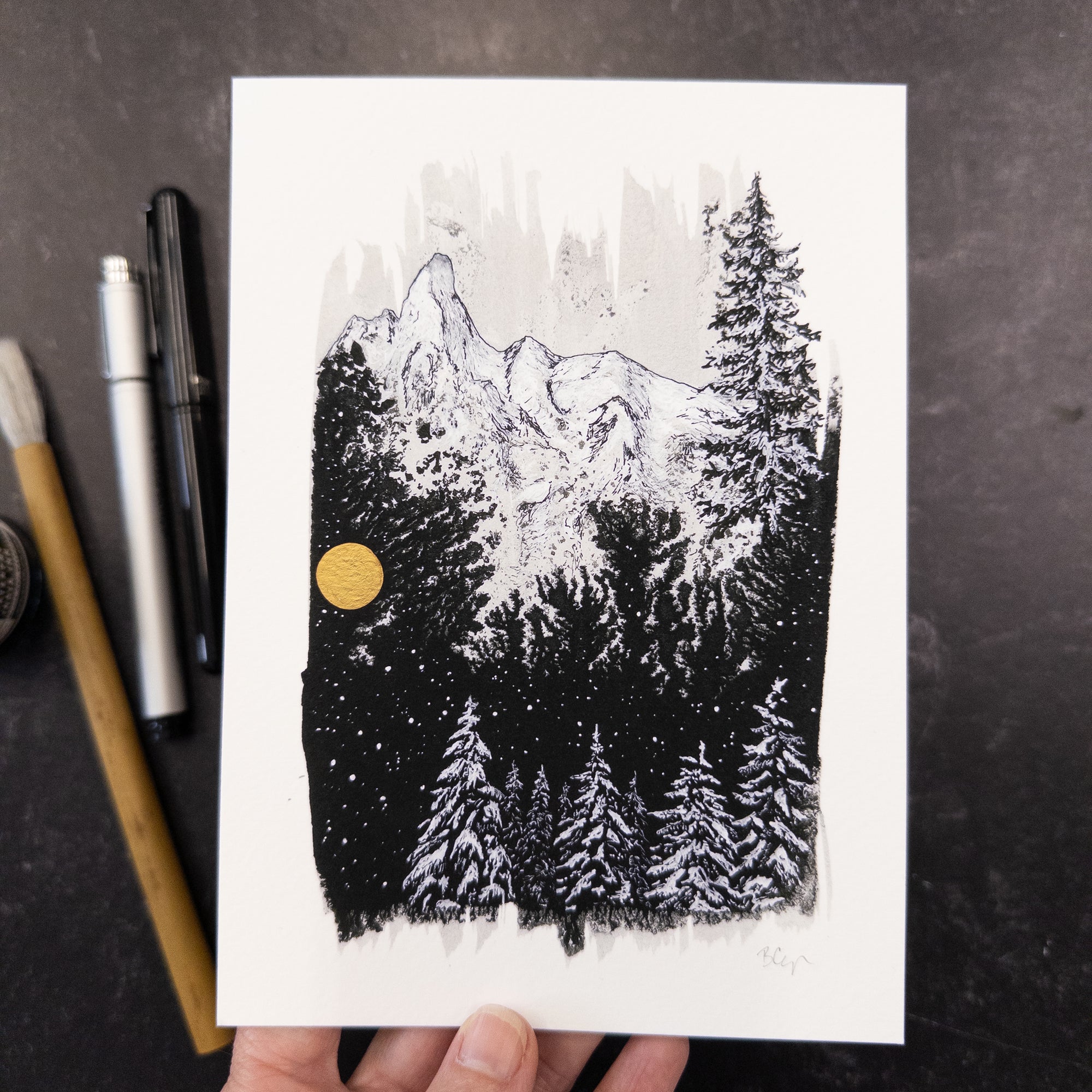 Print Sale - 5"x7" Winter Landscape - Snowy Mountains and Trees - Pen and Ink Drawing - Ready to Ship