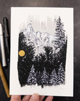 Print Sale - 5"x7" Winter Landscape - Snowy Mountains and Trees - Pen and Ink Drawing - Ready to Ship