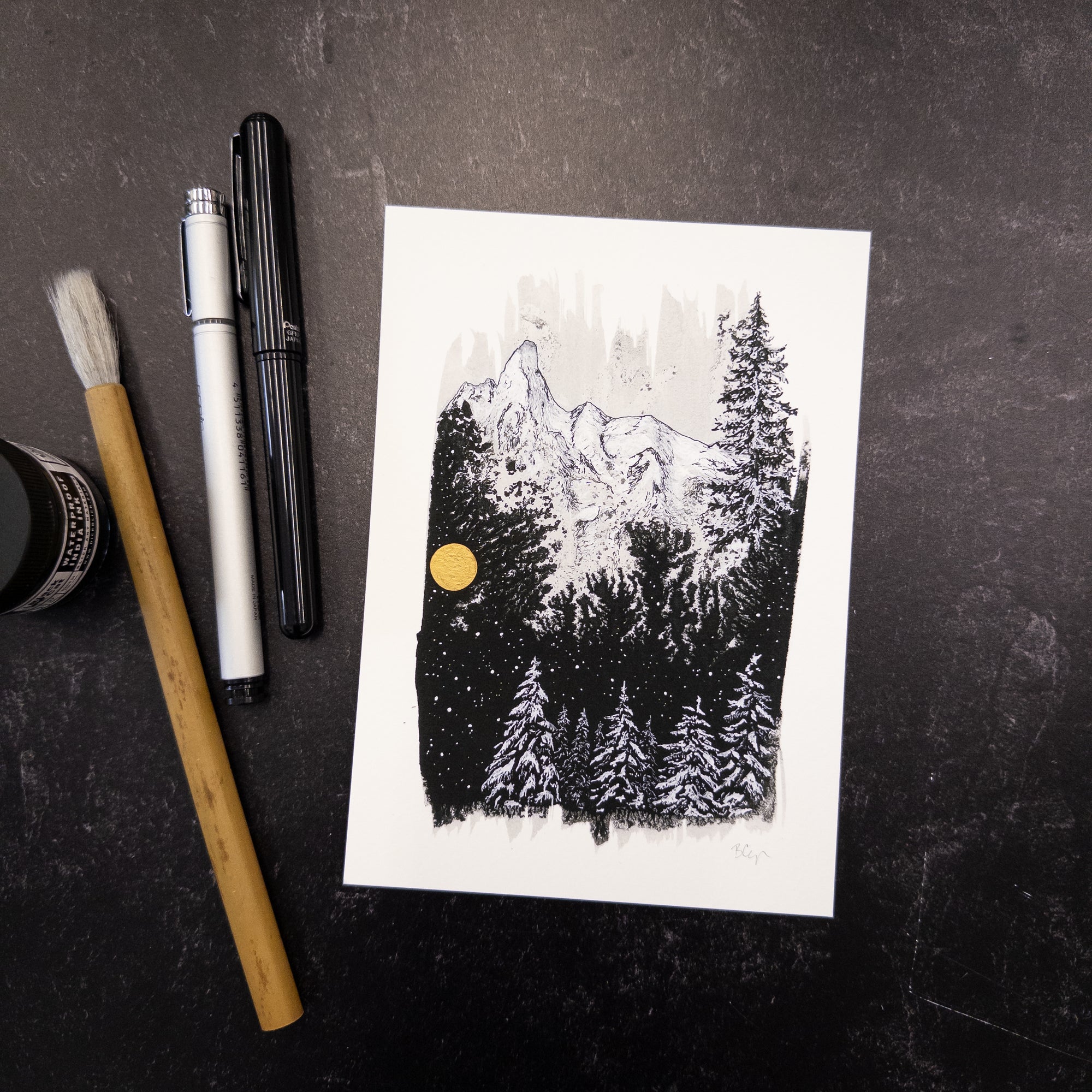 Print Sale - 5"x7" Winter Landscape - Snowy Mountains and Trees - Pen and Ink Drawing - Ready to Ship