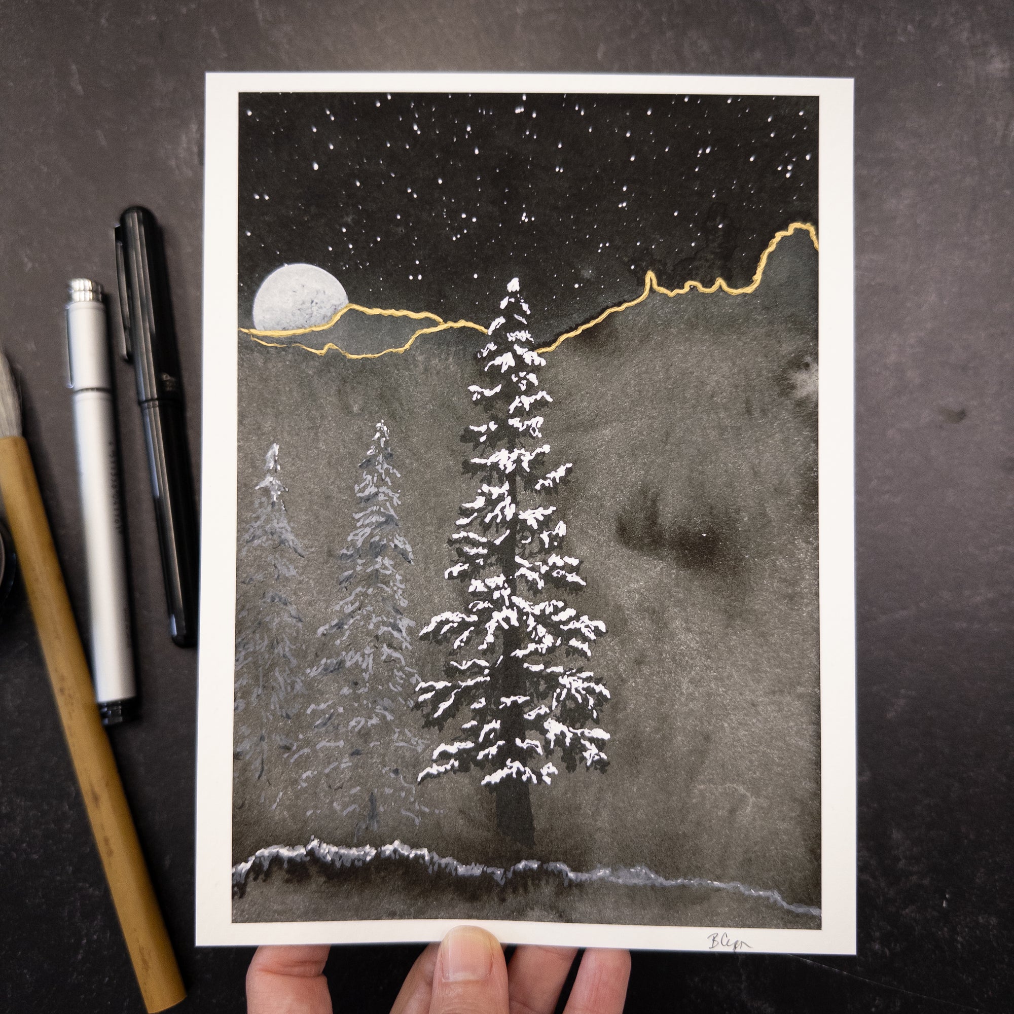 Print Sale - 6" x 8" Foggy Nighttime with Snowy Trees - Art Print - Ready to Ship