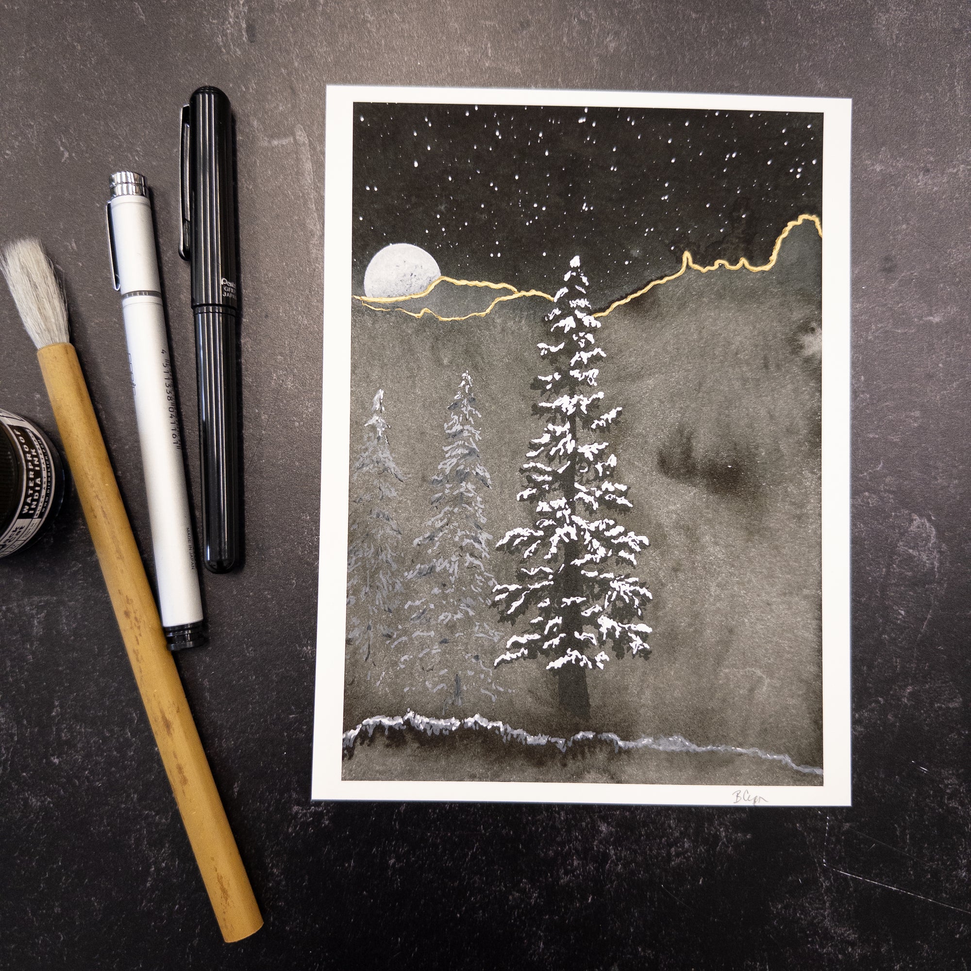 Print Sale - 6" x 8" Foggy Nighttime with Snowy Trees - Art Print - Ready to Ship
