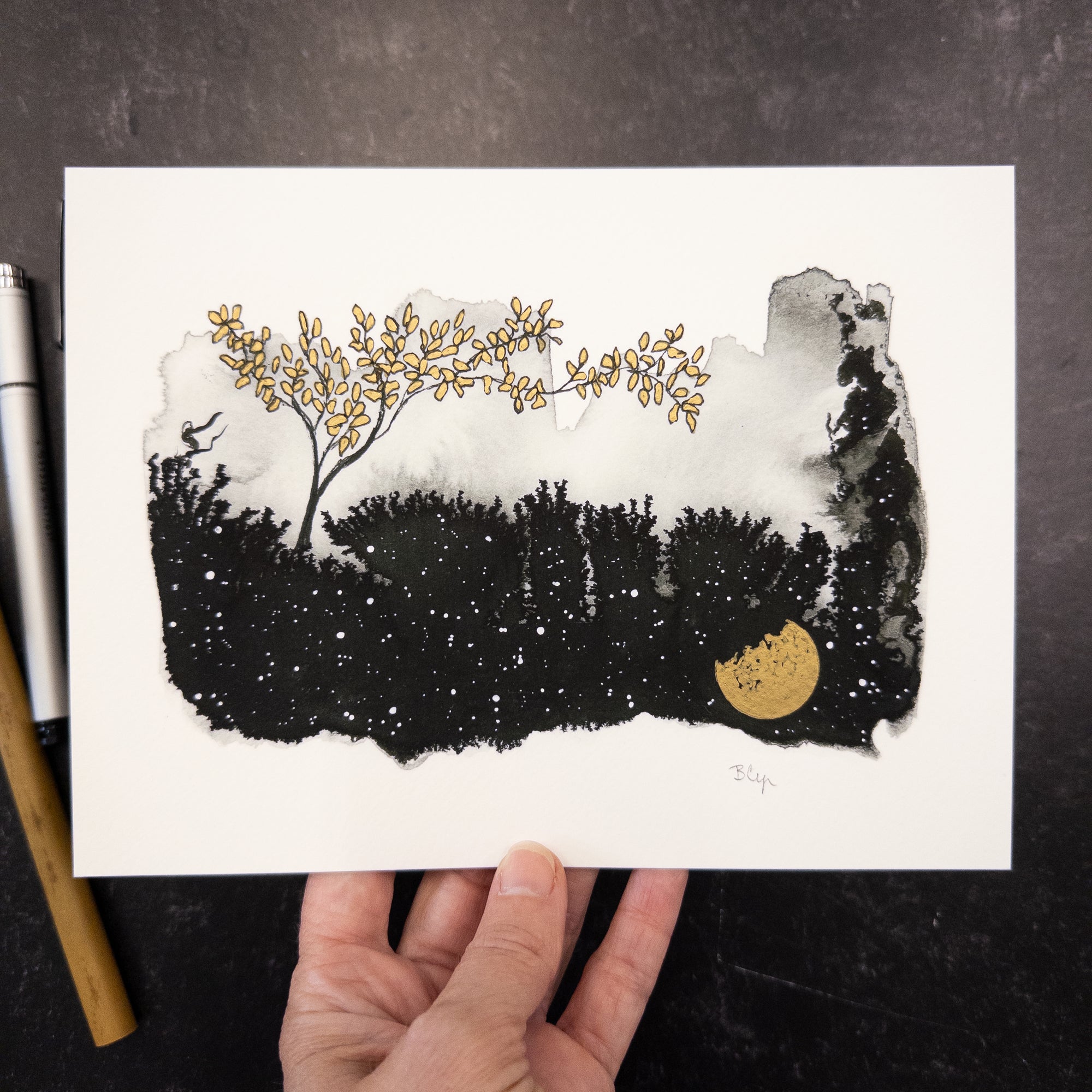Print Sale - 6x8" Beauty in the Upside Down - Golden Leaves Tree - Art Print - Ready to Ship