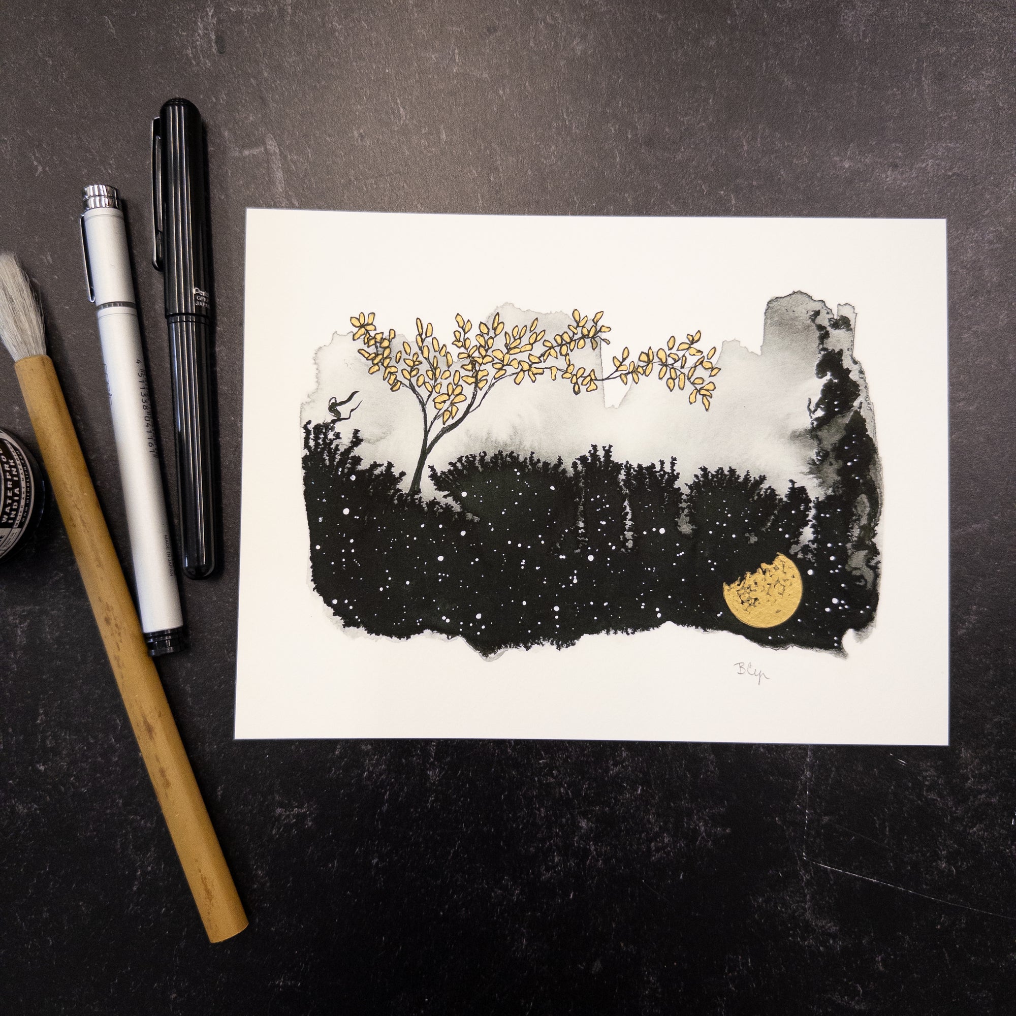 Print Sale - 6x8" Beauty in the Upside Down - Golden Leaves Tree - Art Print - Ready to Ship
