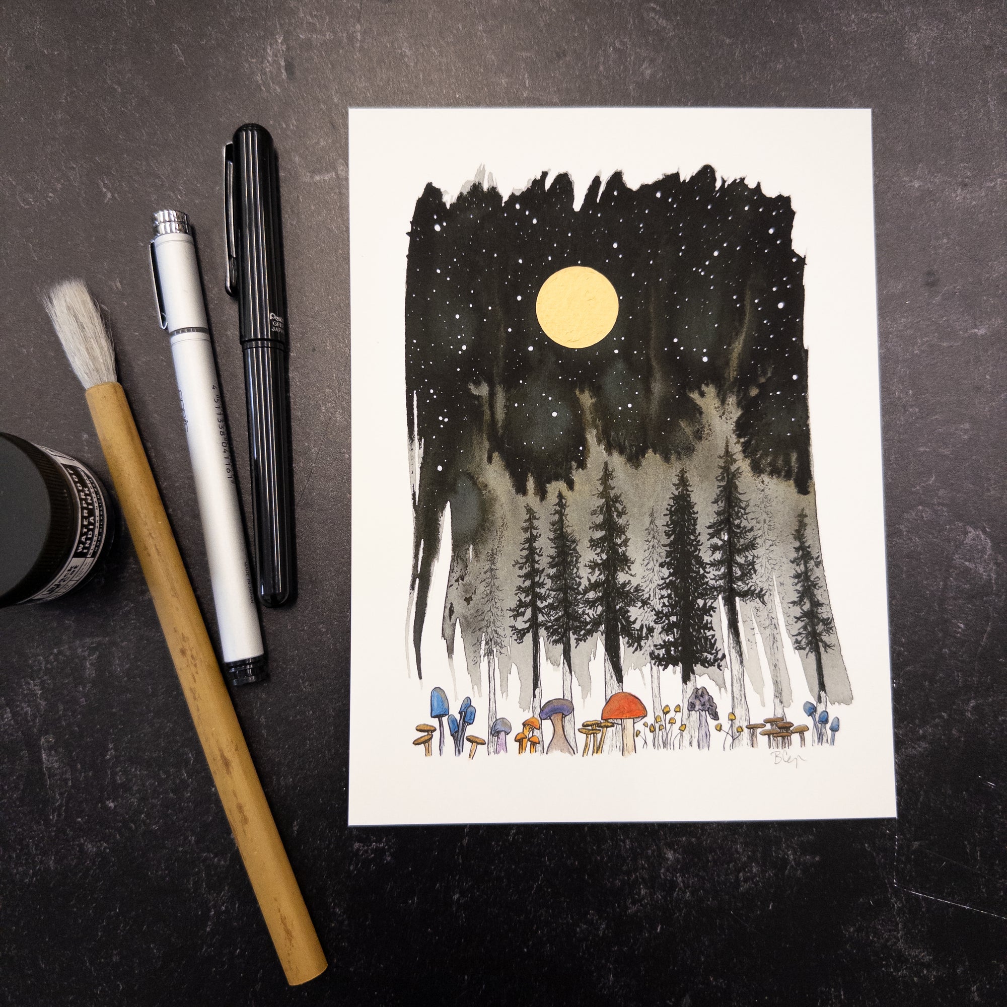 Print Sale - 6x8" Night Sky Mushrooms - Art Print - Ready to Ship