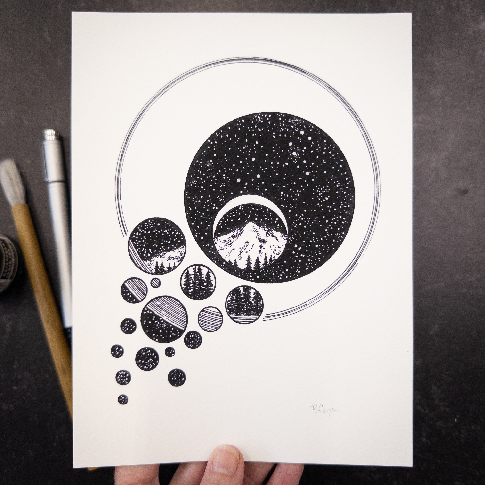 Print Sale - 6x8" A Portal Through the Stars - Mountains, Trees and Stars - Pen and Ink Drawing - Ready to ship