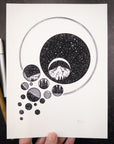 Print Sale - 6x8" A Portal Through the Stars - Mountains, Trees and Stars - Pen and Ink Drawing - Ready to ship