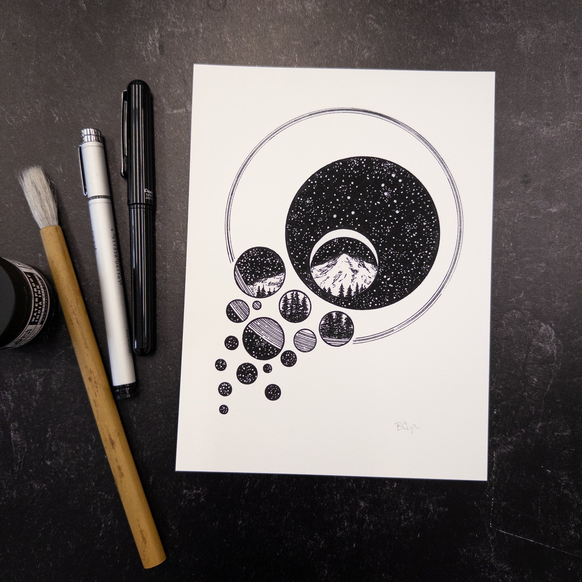 Print Sale - 6x8" A Portal Through the Stars - Mountains, Trees and Stars - Pen and Ink Drawing - Ready to ship