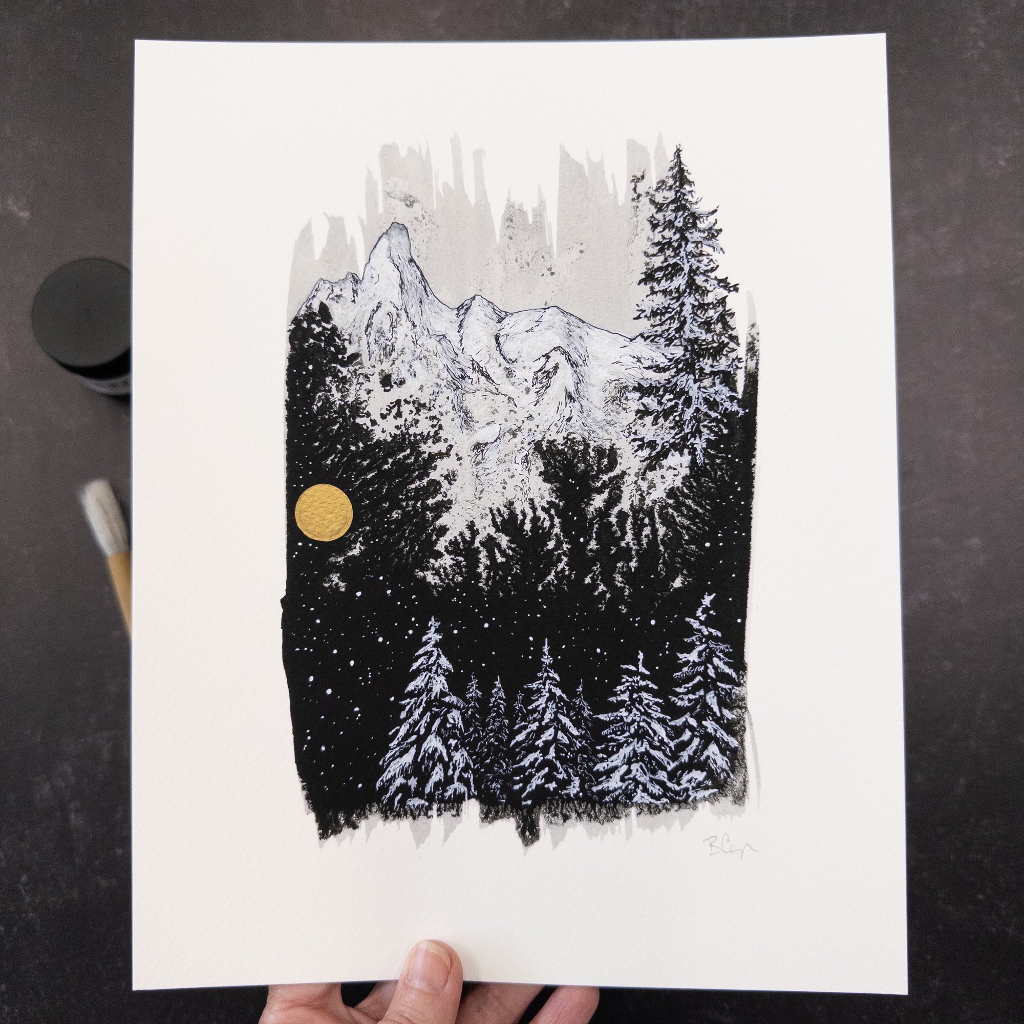 Print Sale - 8"x10" Winter Landscape - Snowy Mountains and Trees - Pen and Ink Drawing - Ready to Ship
