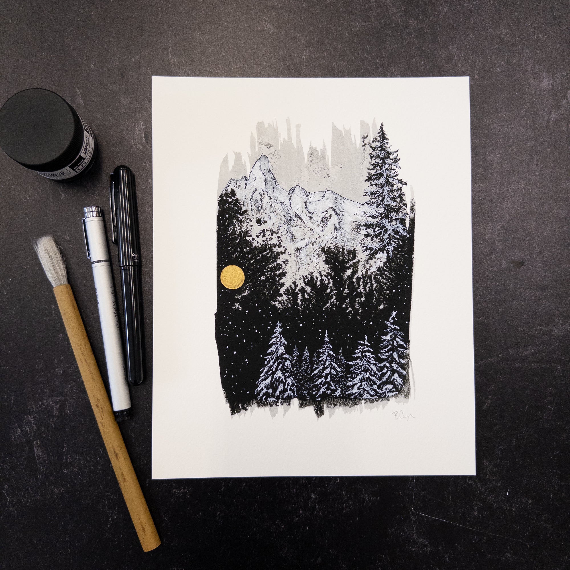 Print Sale - 8"x10" Winter Landscape - Snowy Mountains and Trees - Pen and Ink Drawing - Ready to Ship