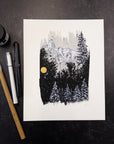 Print Sale - 8"x10" Winter Landscape - Snowy Mountains and Trees - Pen and Ink Drawing - Ready to Ship