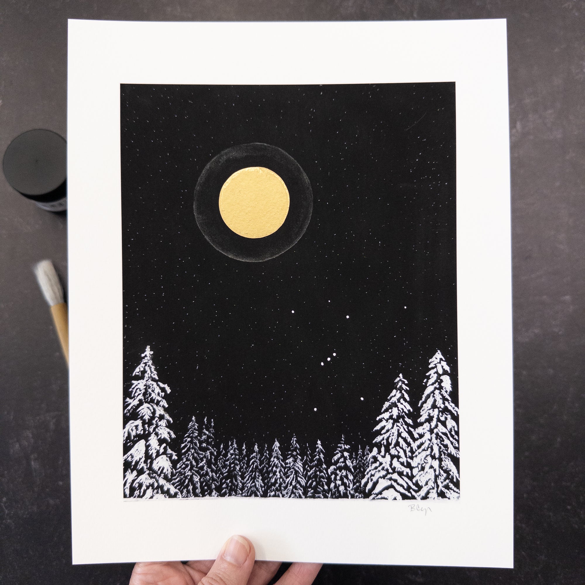 Print Sale 8"x10" Winter Orion with Moon Halo and Snowy Trees - hand embellished print - Ready to Ship