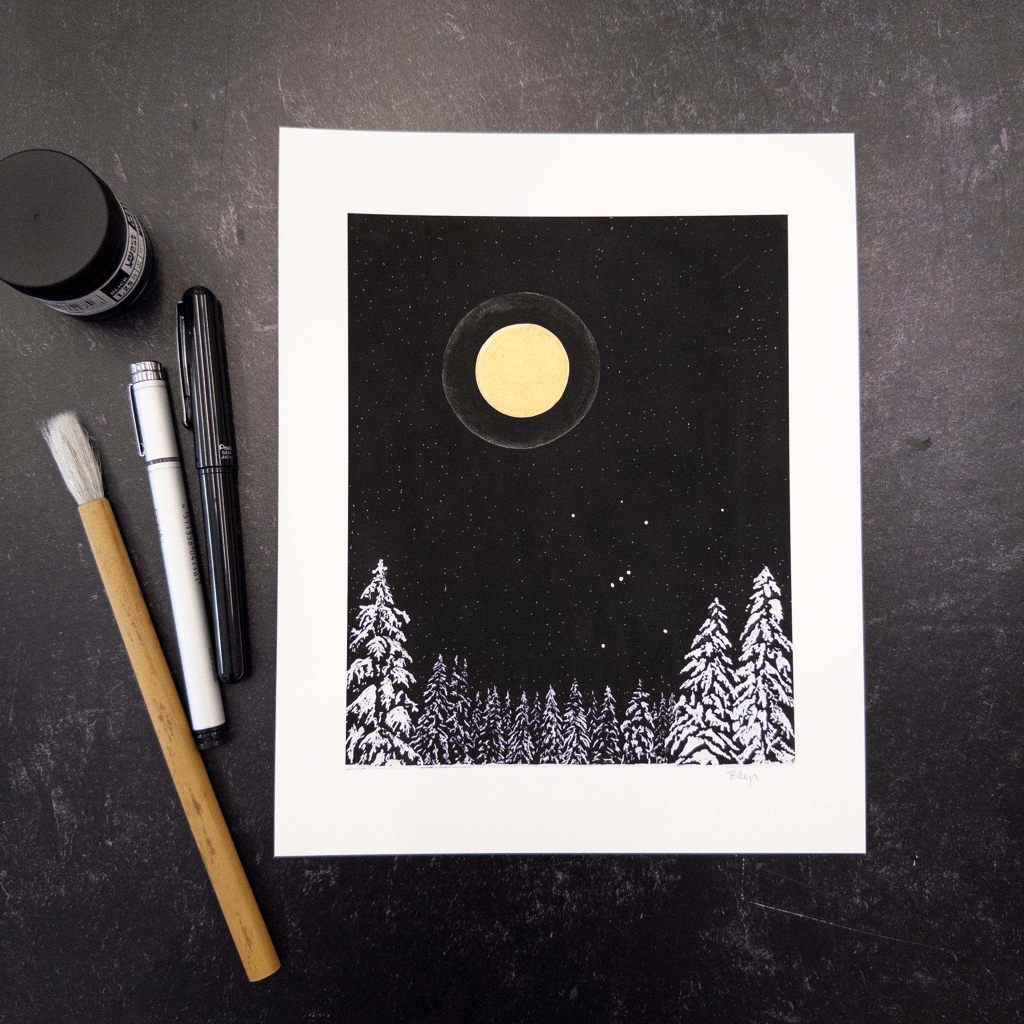 Print Sale 8"x10" Winter Orion with Moon Halo and Snowy Trees - hand embellished print - Ready to Ship