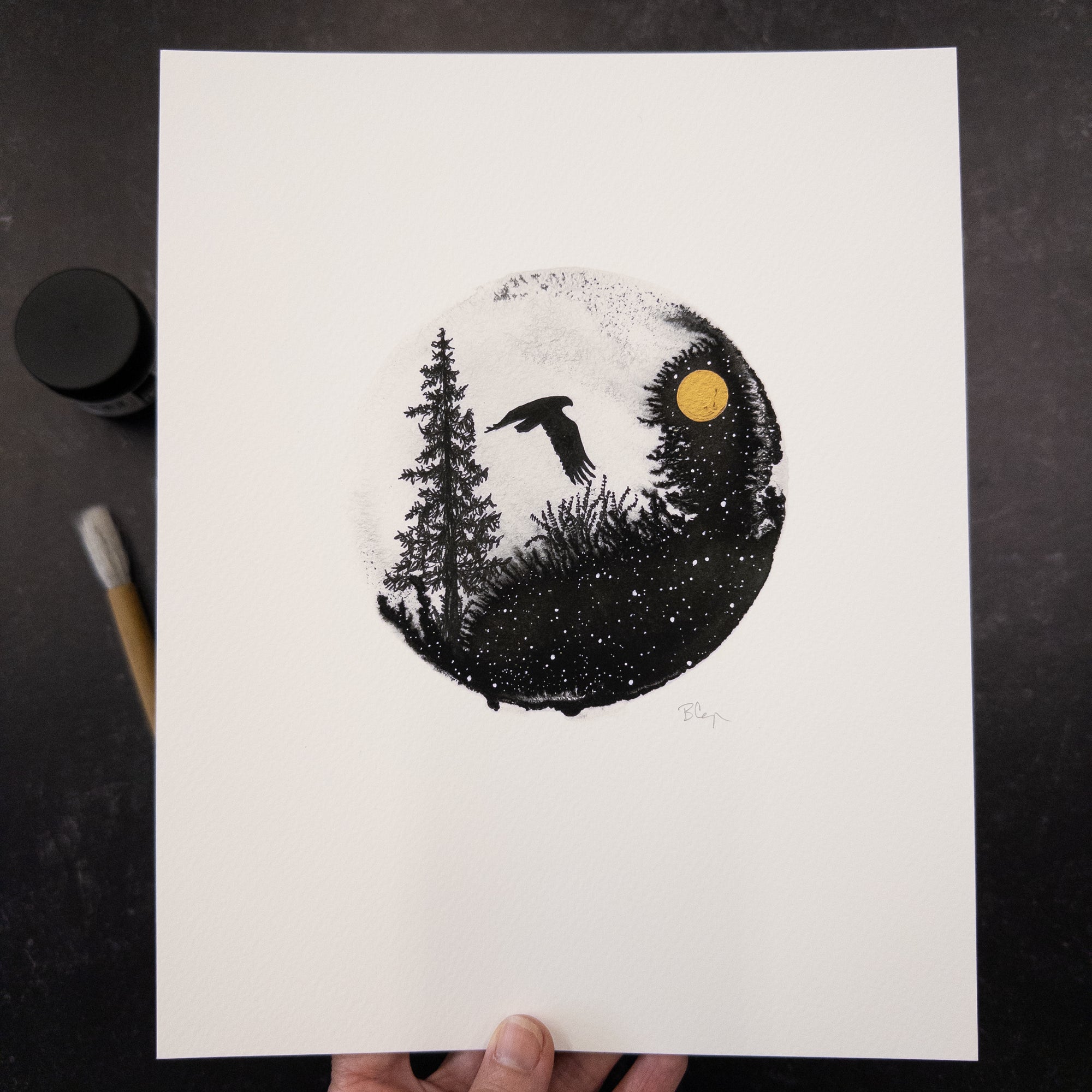 Print Sale - 8" x 10" Hawk Silhouette - Circle Landscape - Pen and Ink Drawing Print - Ready to Ship
