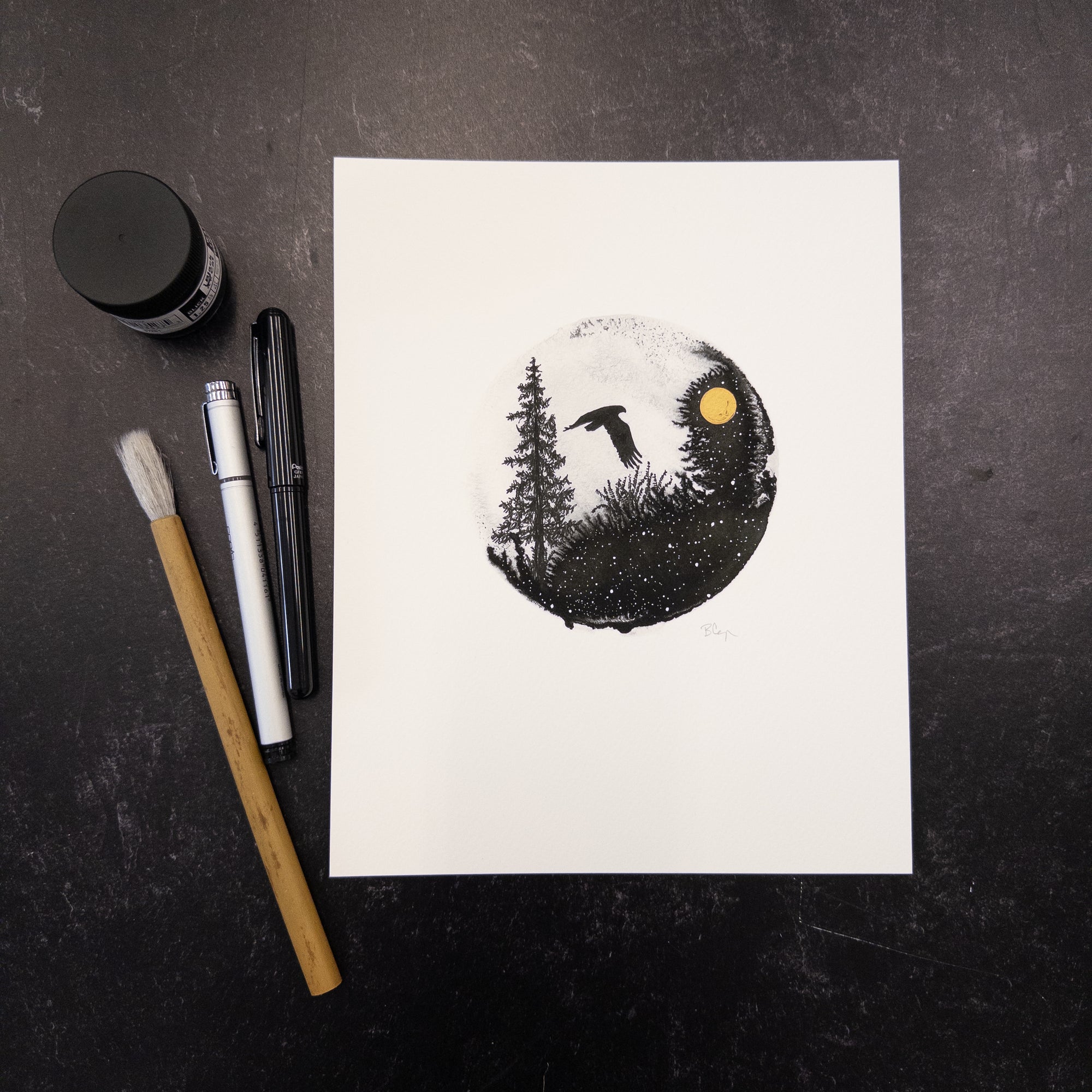 Print Sale - 8" x 10" Hawk Silhouette - Circle Landscape - Pen and Ink Drawing Print - Ready to Ship