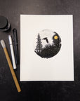 Print Sale - 8" x 10" Hawk Silhouette - Circle Landscape - Pen and Ink Drawing Print - Ready to Ship