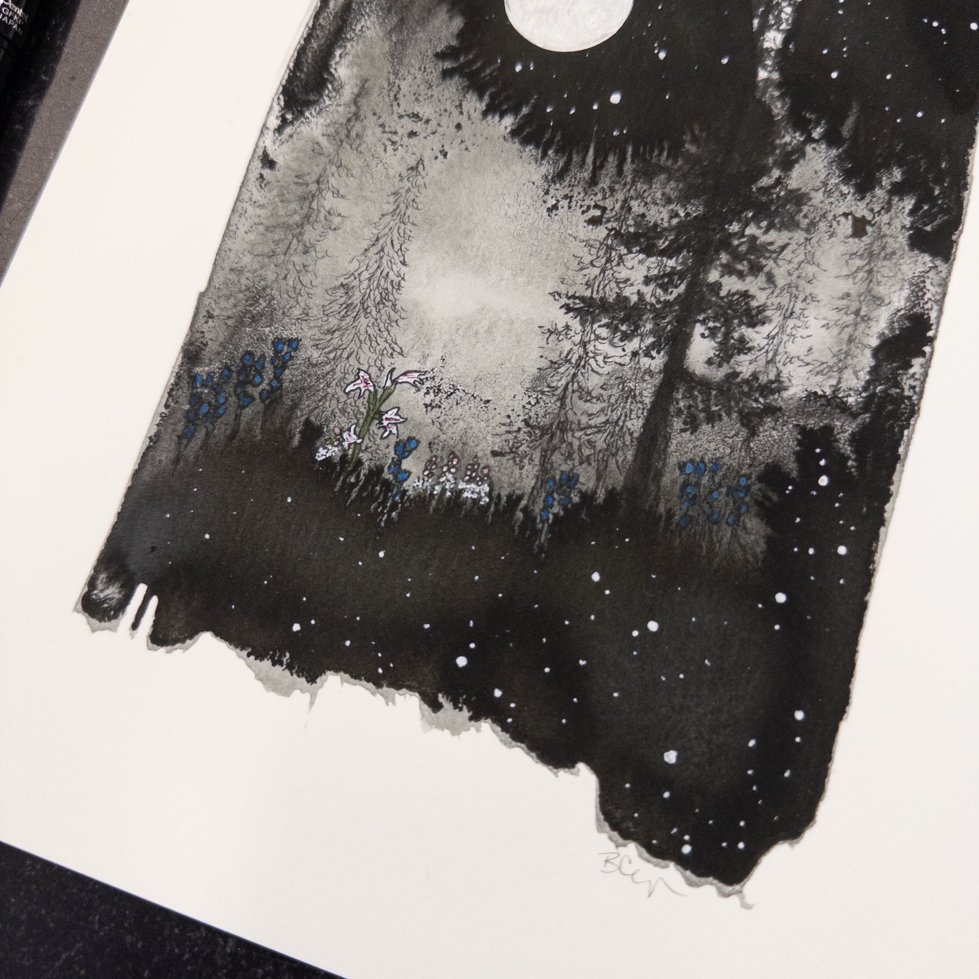 Print Sale - 8" x 10" Midnight Flowers - Silver Moon and Lilies  - Art Print - Ready to Ship