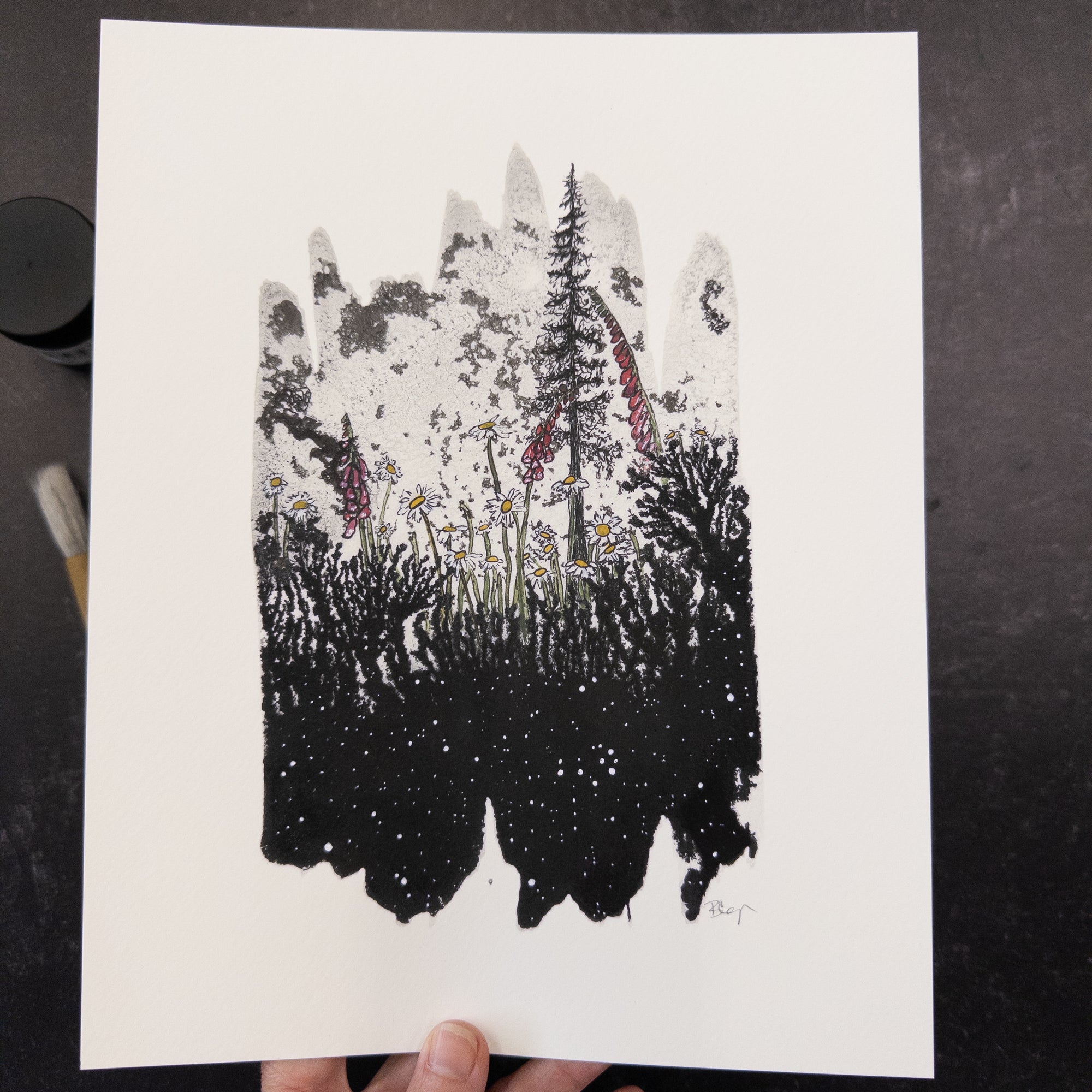Print Sale - 8" x 10" Midnight Flowers - Daisies and Foxgloves  - Art Print - Ready to Ship