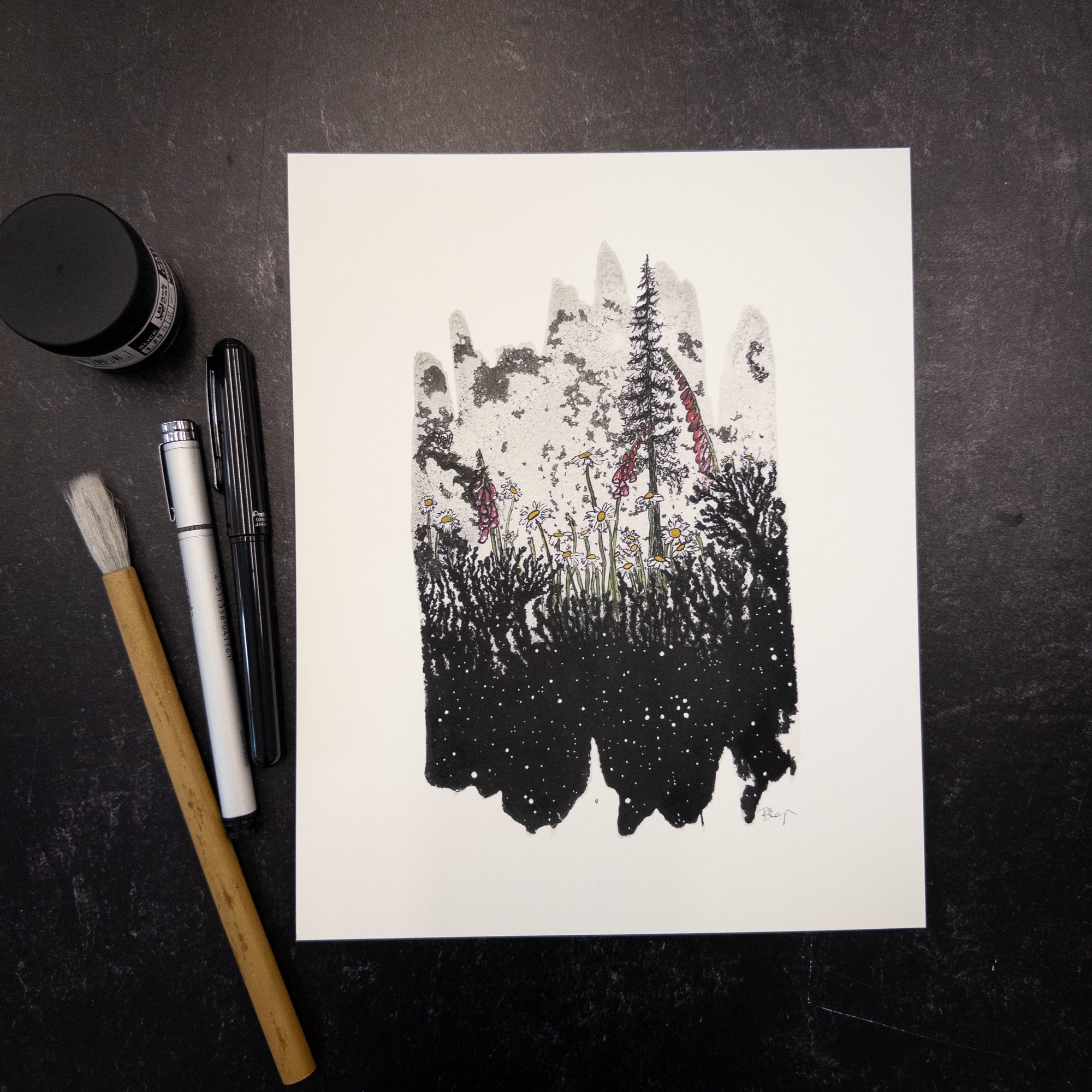 Print Sale - 8" x 10" Midnight Flowers - Daisies and Foxgloves  - Art Print - Ready to Ship