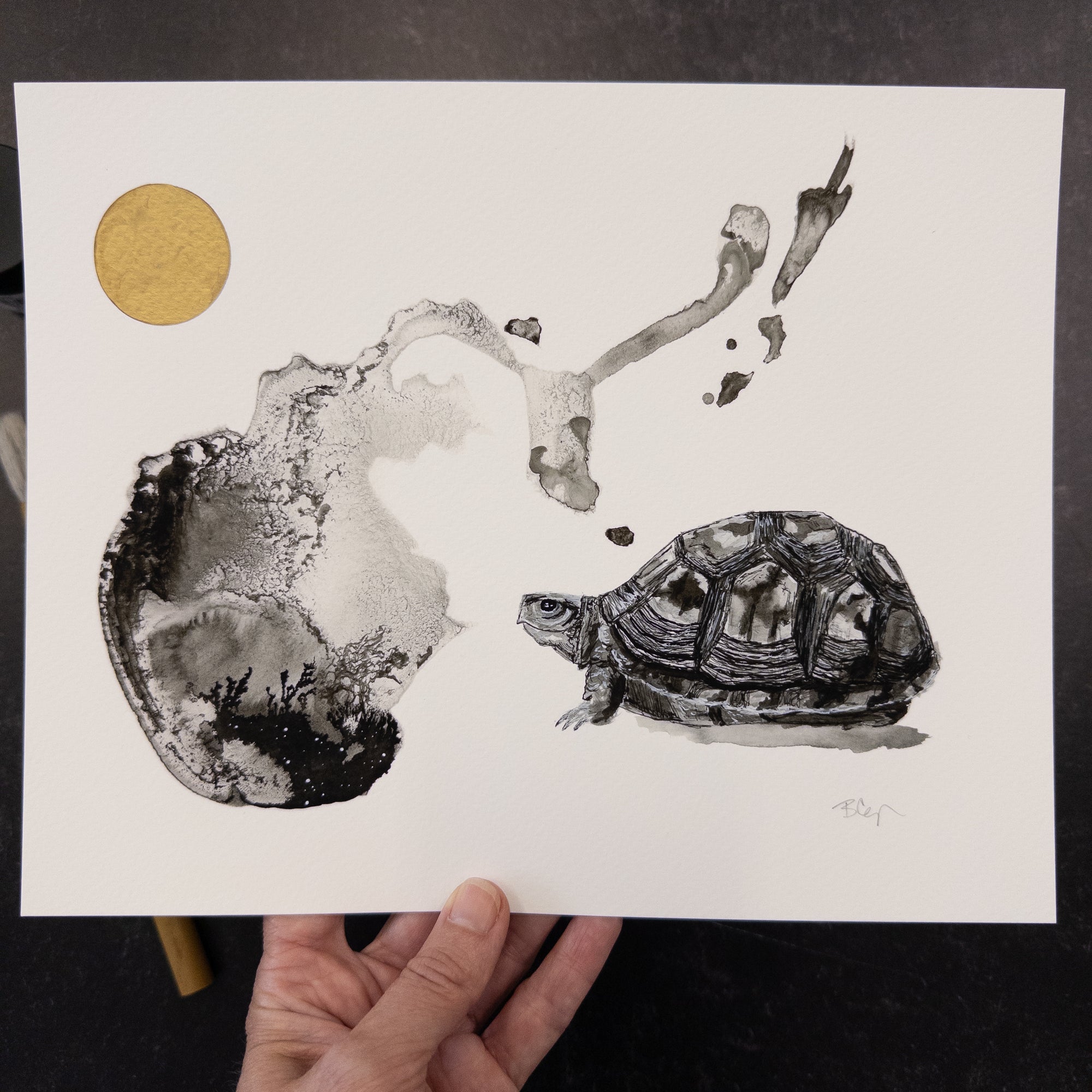 Print Sale - 8" x 10" Turtle Friend - Pen and Ink Drawing - Ready to Ship Print