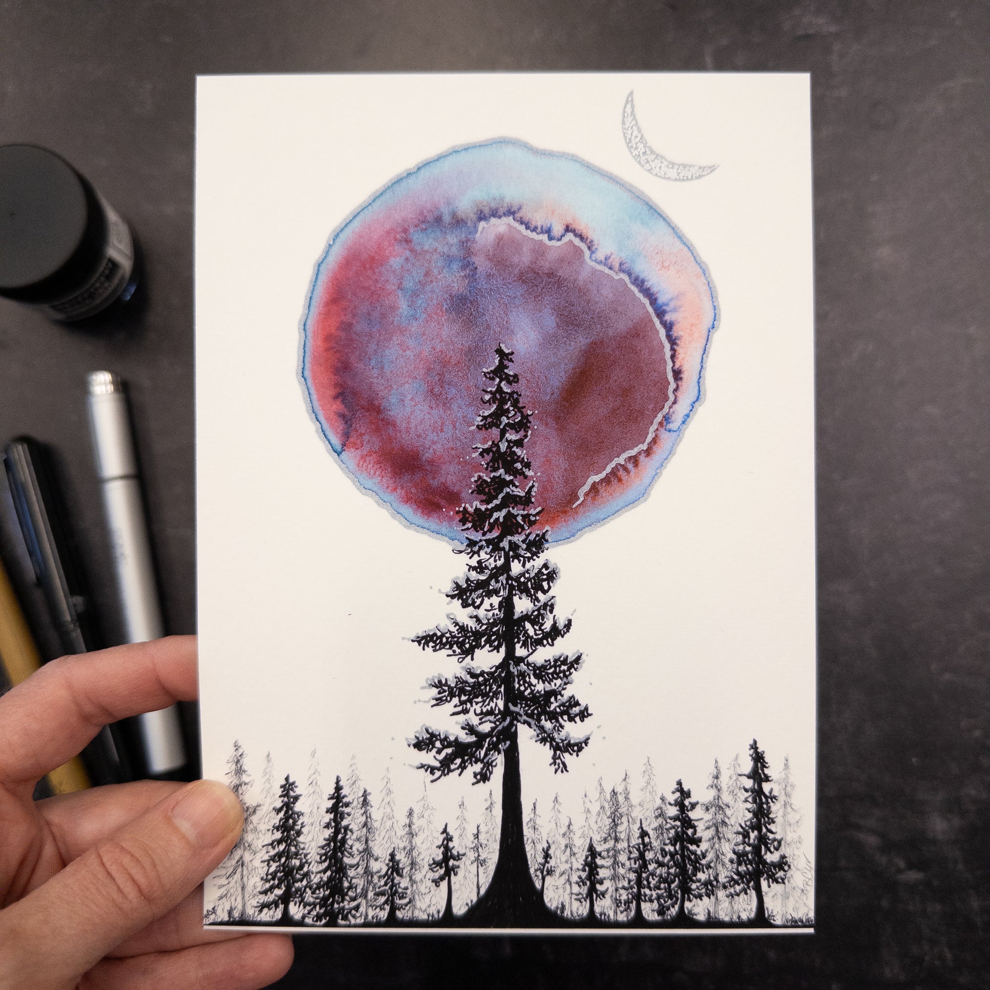 Print Sale - 5x7 Single Tree and Red Aurora Orb - Art Print - Ready to Ship