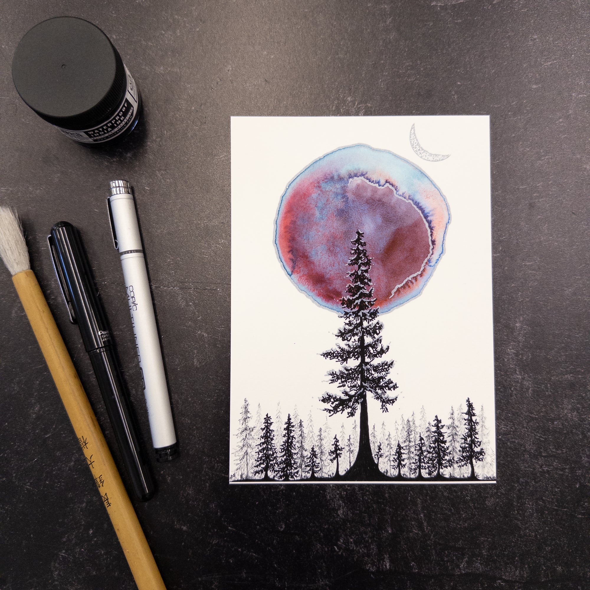 Print Sale - 5x7 Single Tree and Red Aurora Orb - Art Print - Ready to Ship