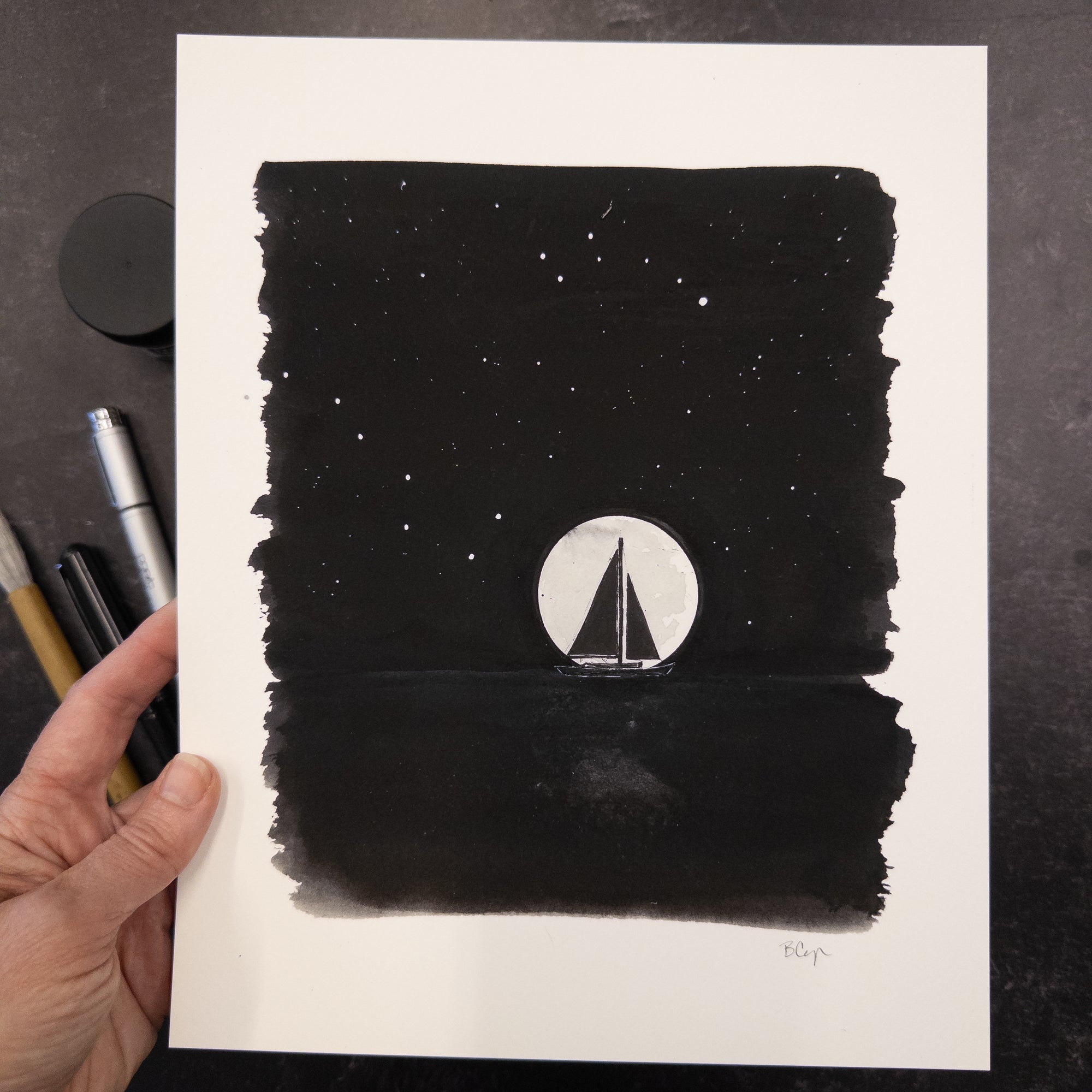 Print Sale - 8x10 Sailboat and Moon - Art Print - Ready to Ship