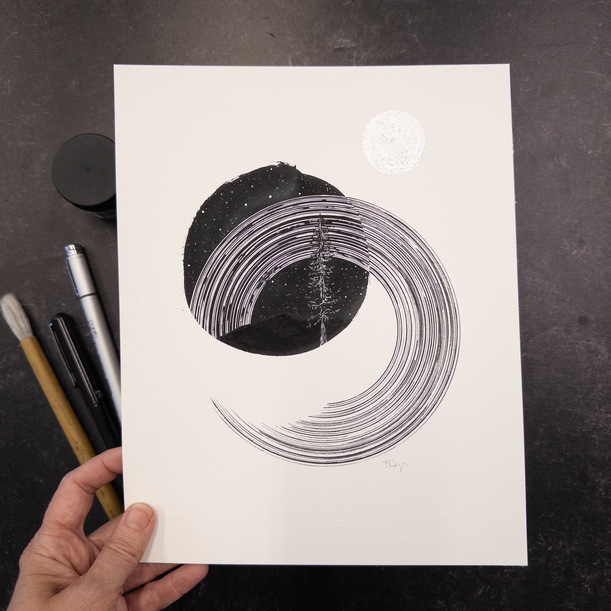 Print Sale - 8" x 10" Space and Time Series - Drawing 2 - Hand Embellished Print with Silver Moon - Ready to Ship
