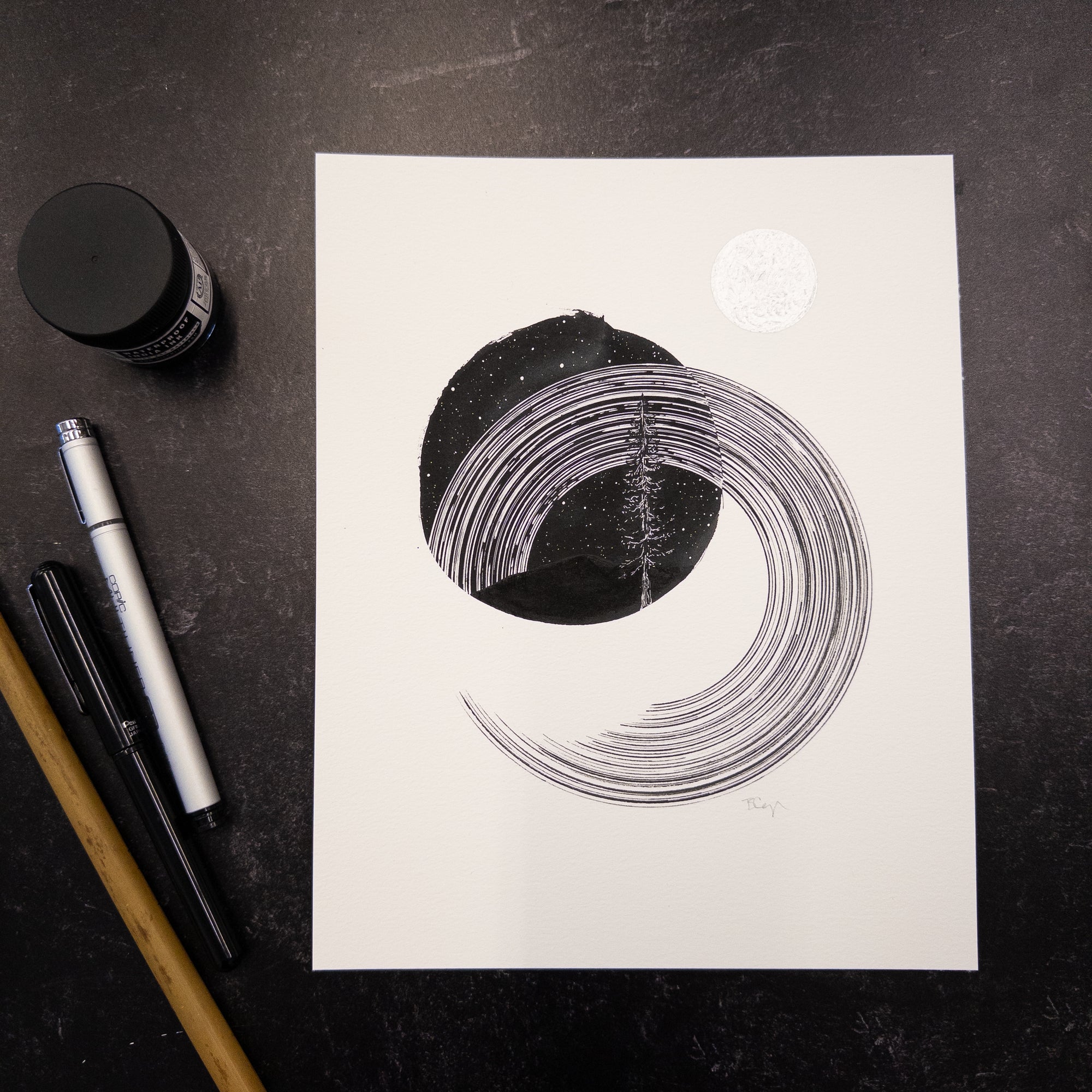 Print Sale - 8" x 10" Space and Time Series - Drawing 2 - Hand Embellished Print with Silver Moon - Ready to Ship