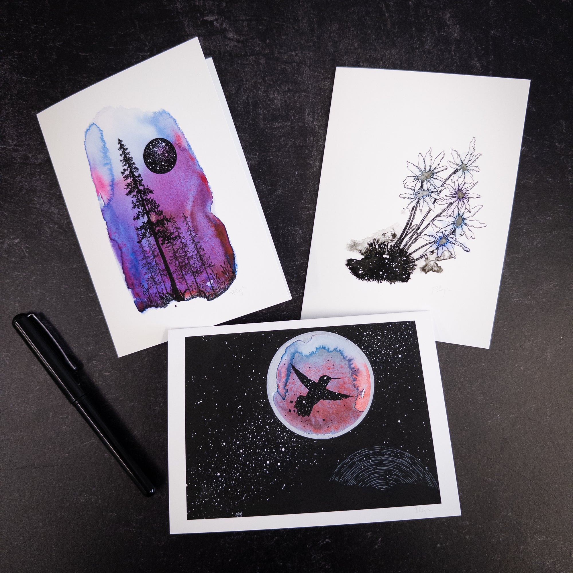 Notecard Set - Galaxy Hummingbird, Violet Aurora, Celestial Flowers - card size 4.5 x 6.25 - print to order