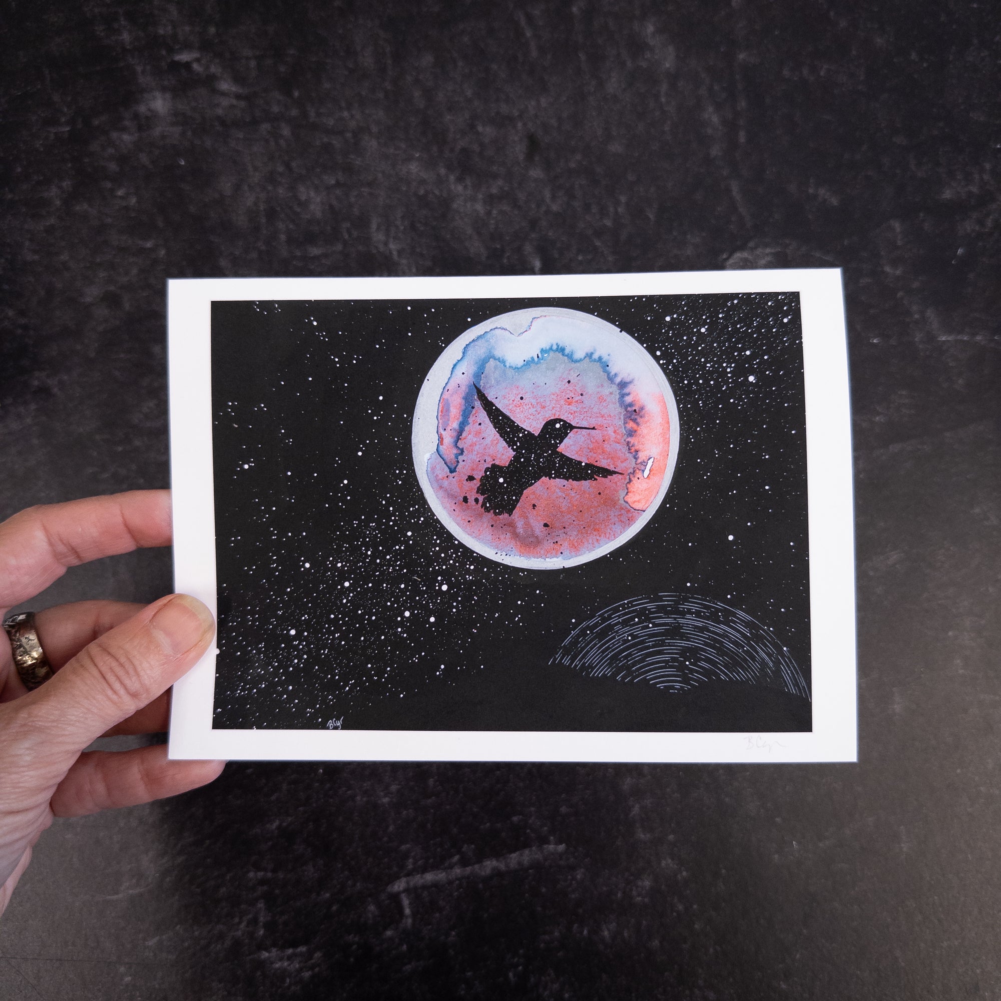 Notecard Set - Galaxy Hummingbird, Violet Aurora, Celestial Flowers - card size 4.5 x 6.25 - print to order
