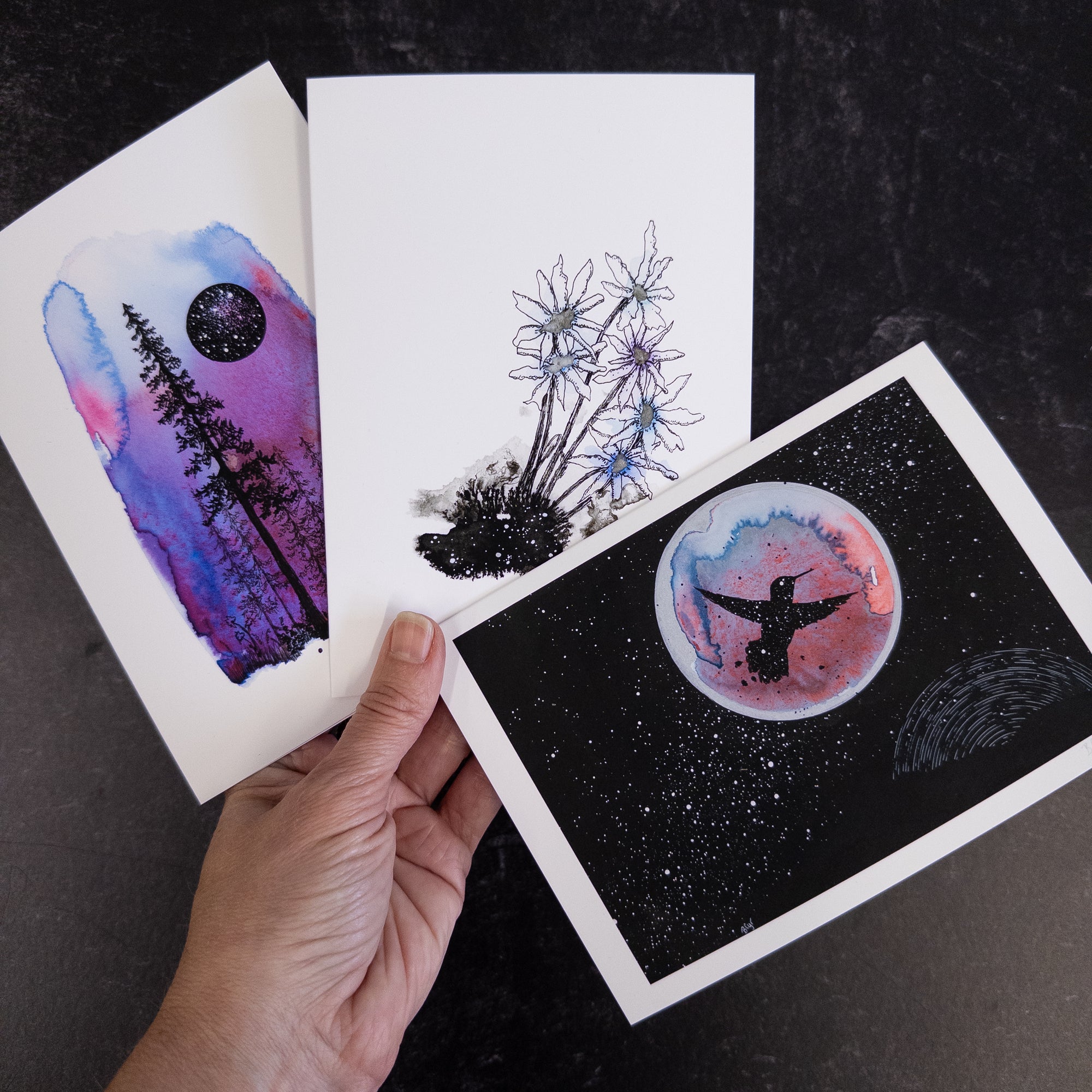 Notecard Set - Galaxy Hummingbird, Violet Aurora, Celestial Flowers - card size 4.5 x 6.25 - print to order