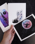 Notecard Set - Galaxy Hummingbird, Violet Aurora, Celestial Flowers - card size 4.5 x 6.25 - print to order