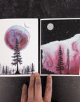Single Tree and Red Aurora Orb - Art Print - hand embellished with metallic silver - Print to Order