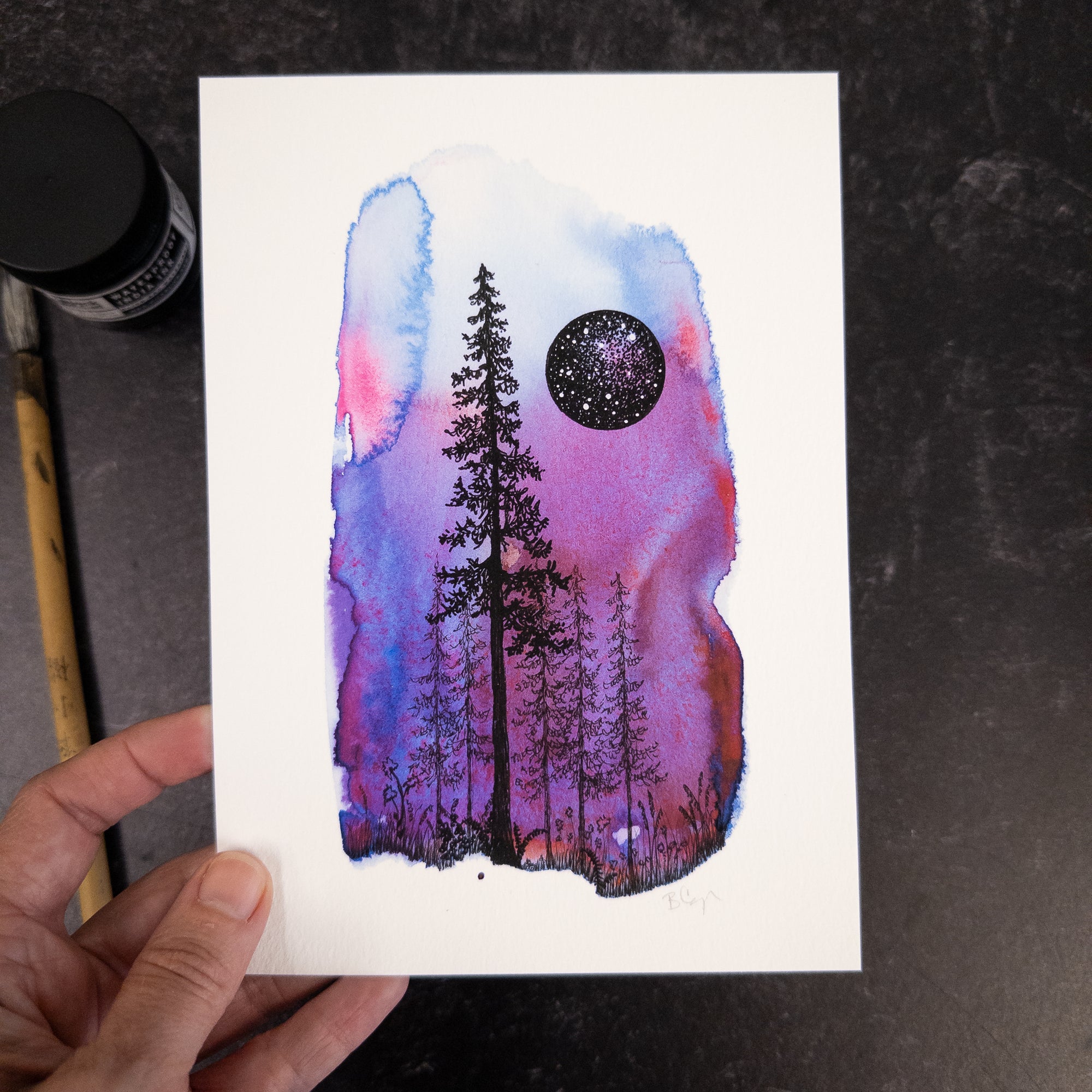 Purple Aurora Forest with Star Portal - Art Print - Print to Order