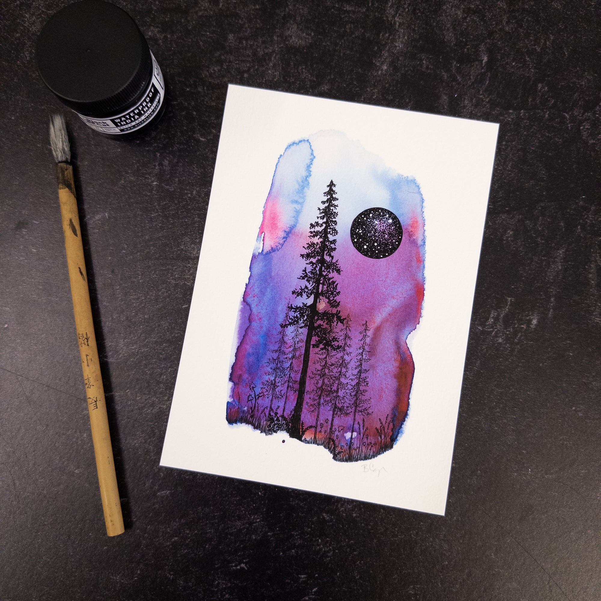 Purple Aurora Forest with Star Portal - Art Print - Print to Order