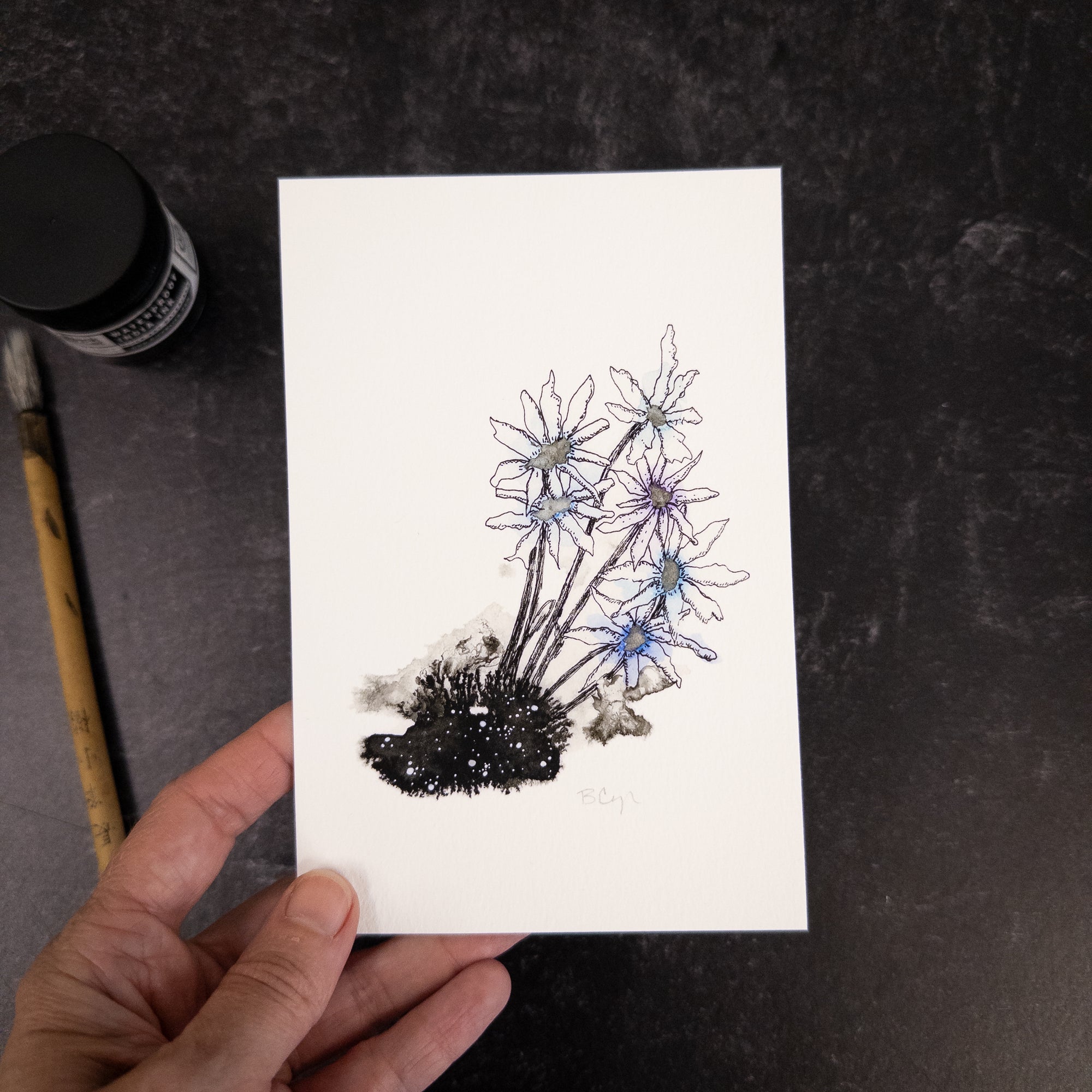 Whimsical Flowers Sprout from Cosmic Dirt - Blue and Purple Flowers - Art Print - Print to Order