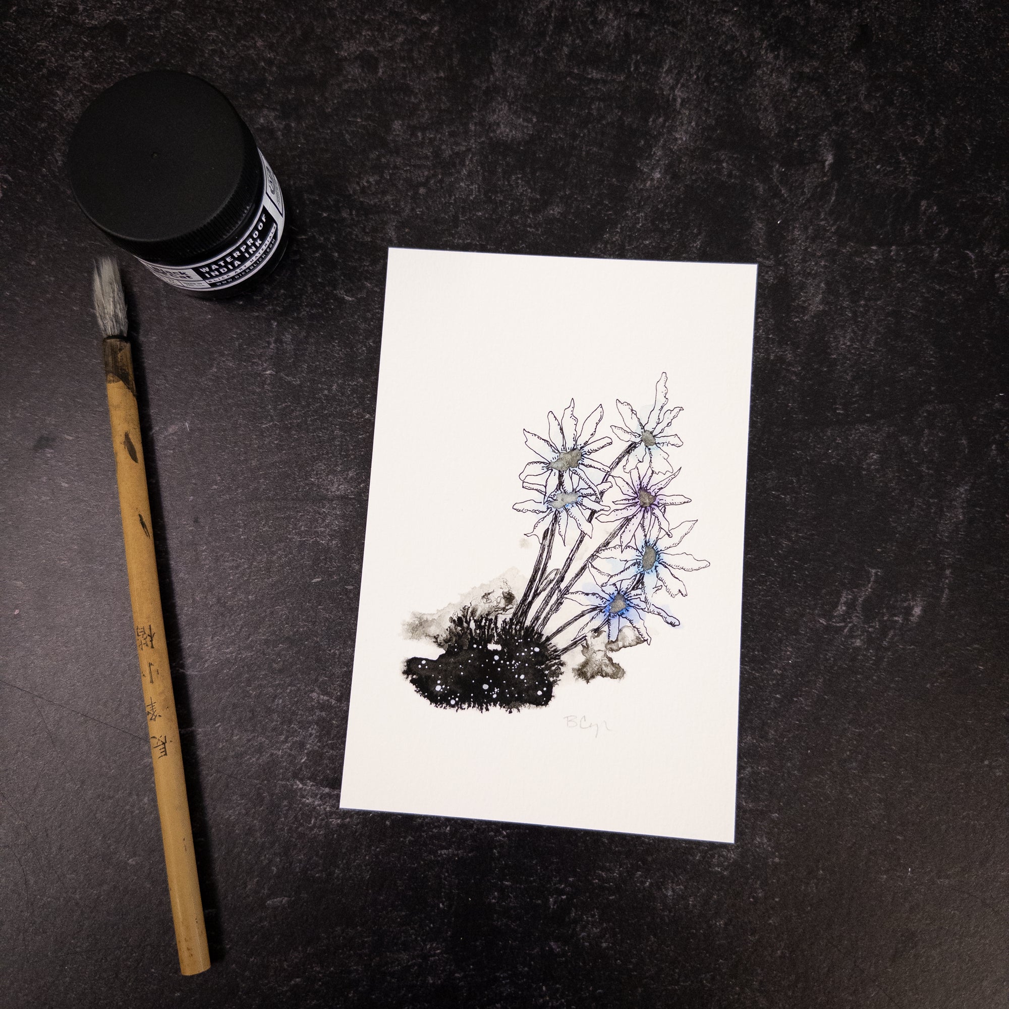 Whimsical Flowers Sprout from Cosmic Dirt - Blue and Purple Flowers - Art Print - Print to Order