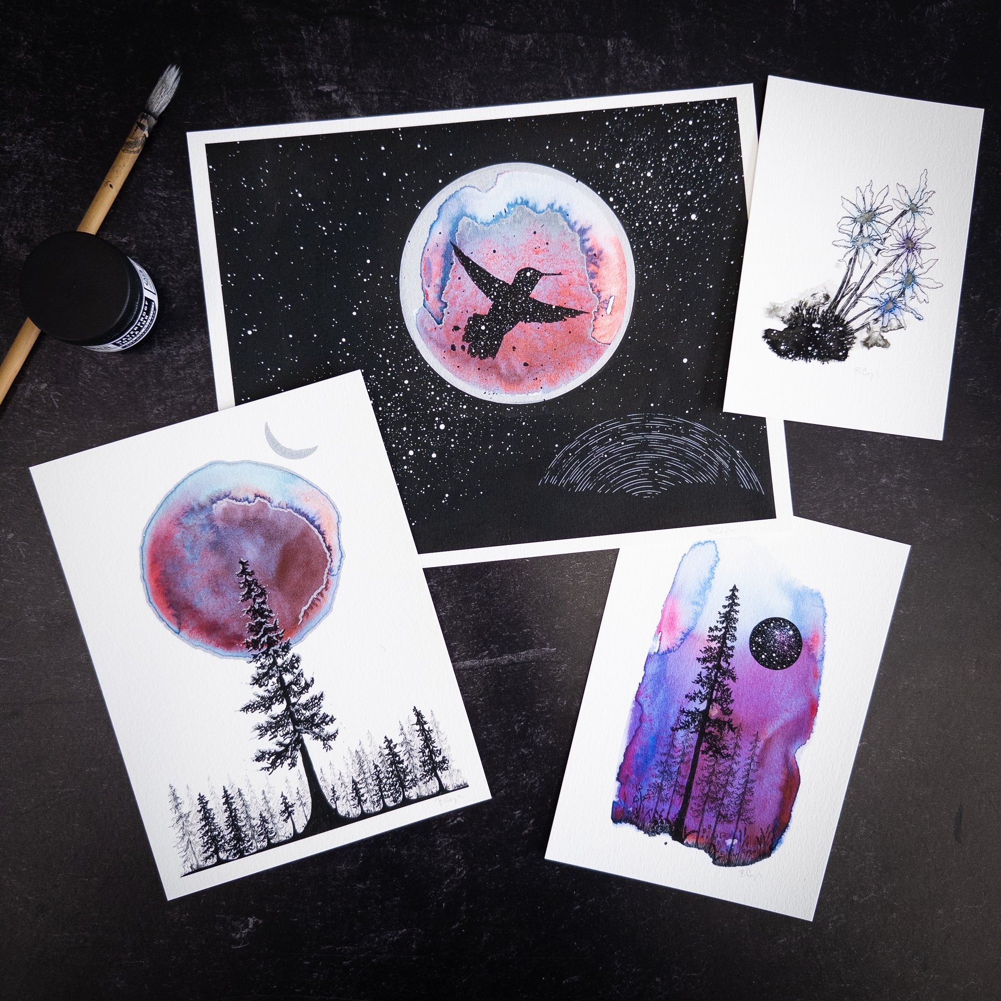 Purple Aurora Forest with Star Portal - Art Print - Print to Order