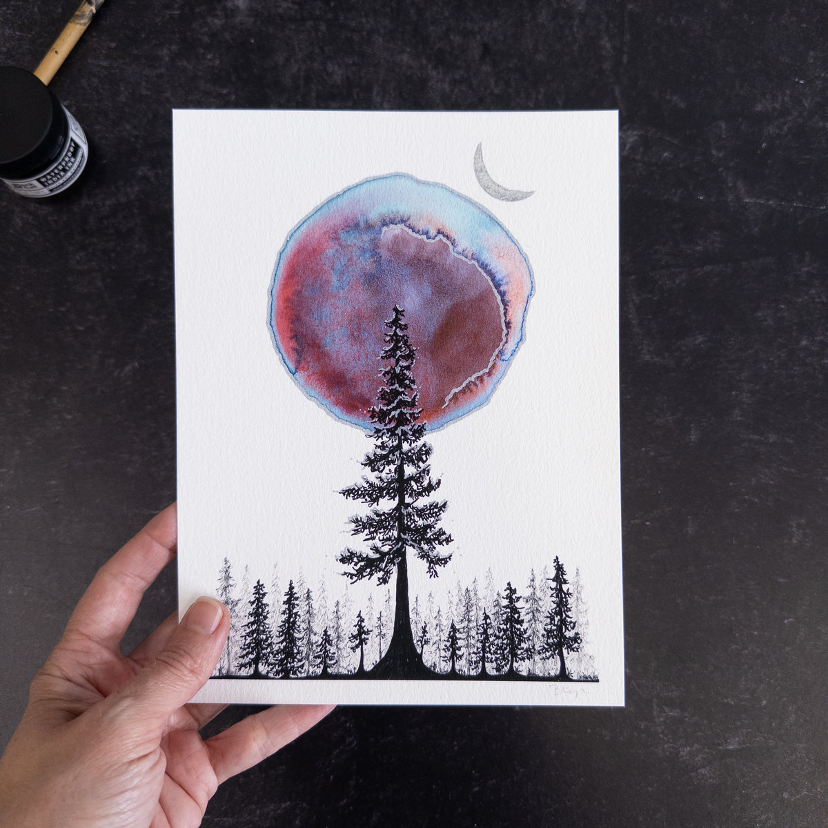 Single Tree and Red Aurora Orb - Art Print - hand embellished with metallic silver - Print to Order