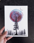 Single Tree and Red Aurora Orb - Art Print - hand embellished with metallic silver - Print to Order