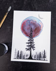 Single Tree and Red Aurora Orb - Art Print - hand embellished with metallic silver - Print to Order