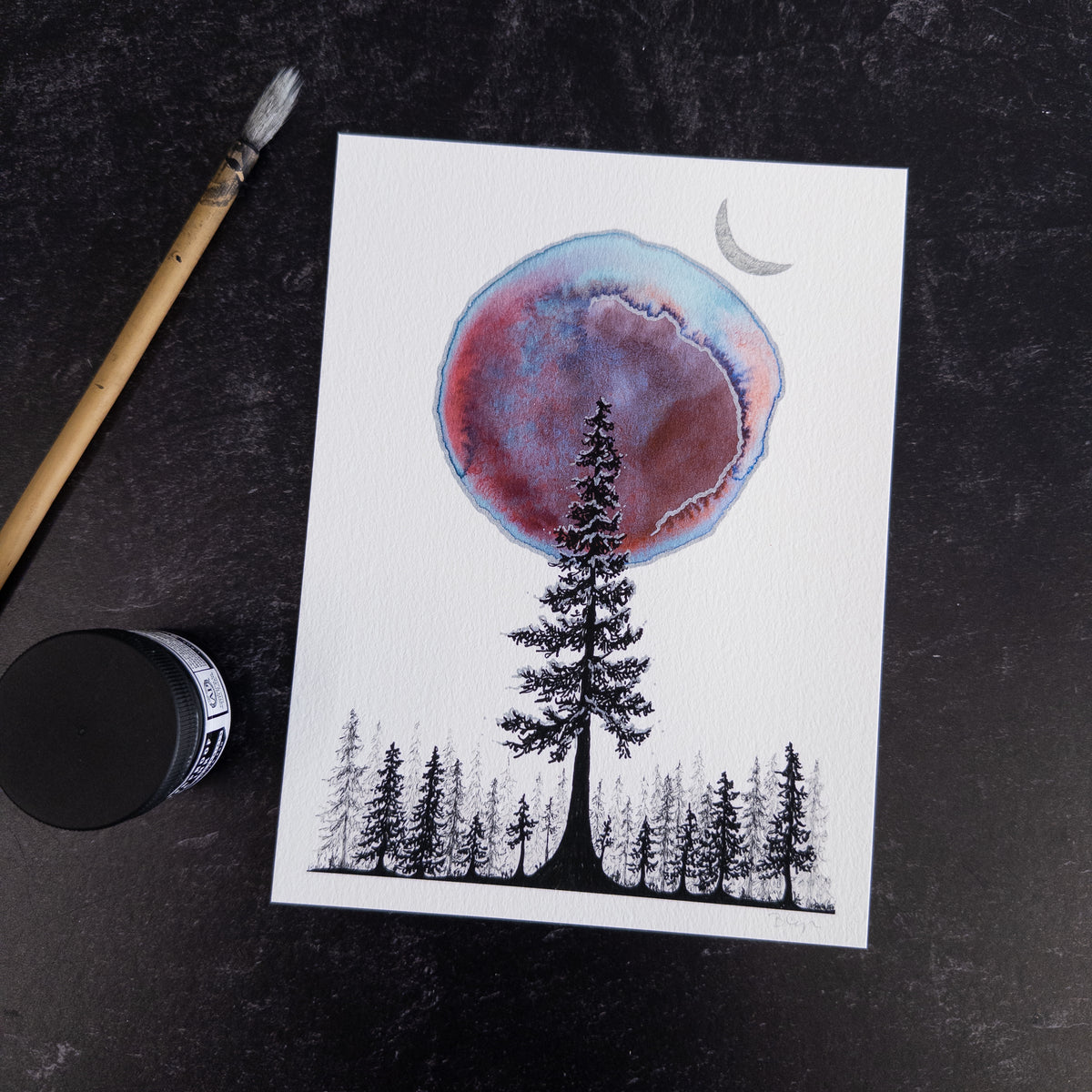 Single Tree and Red Aurora Orb - Art Print - hand embellished with metallic silver - Print to Order