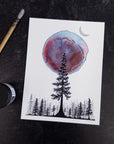 Single Tree and Red Aurora Orb - Art Print - hand embellished with metallic silver - Print to Order